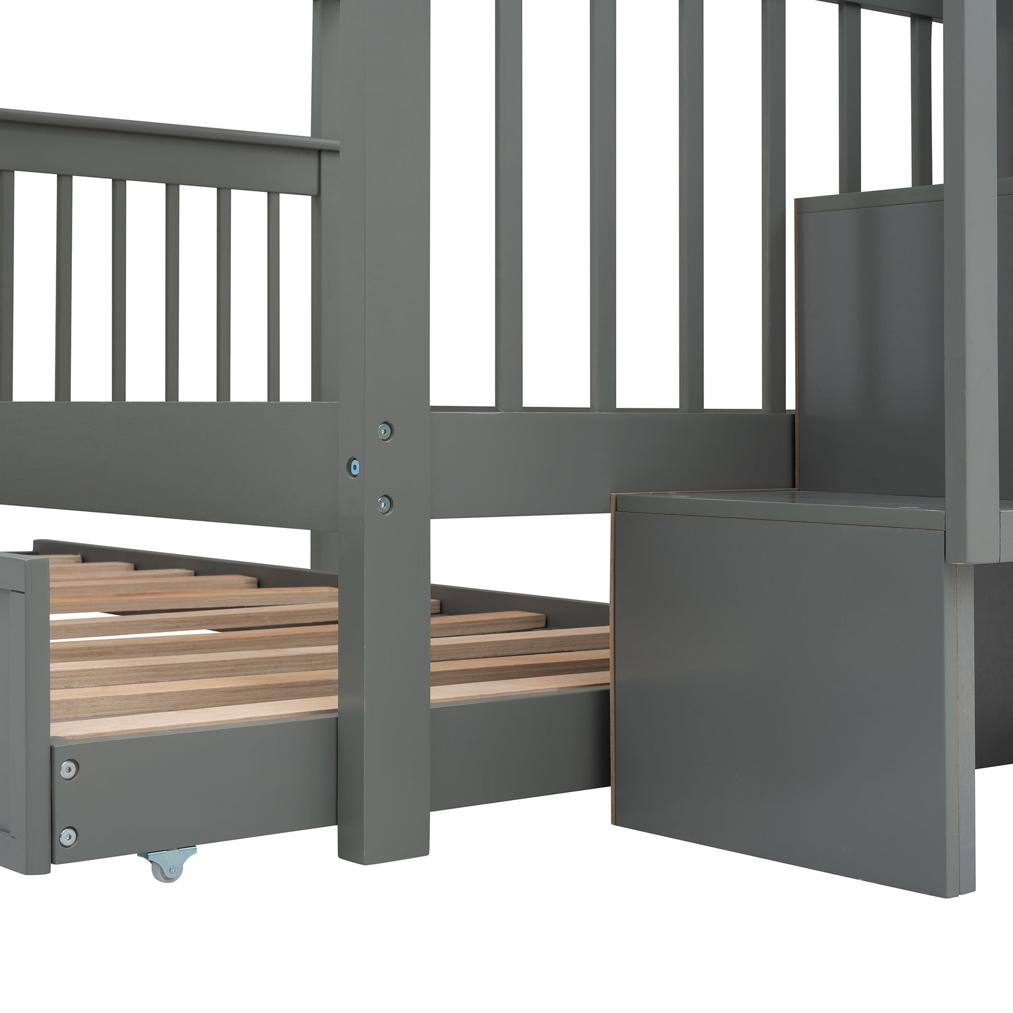 Stairway Full-Over-Full Bunk Bed with Twin size Trundle, Storage and Guard Rail for Bedroom, Dorm - Gray(OLD SKU :LP001210AAE)