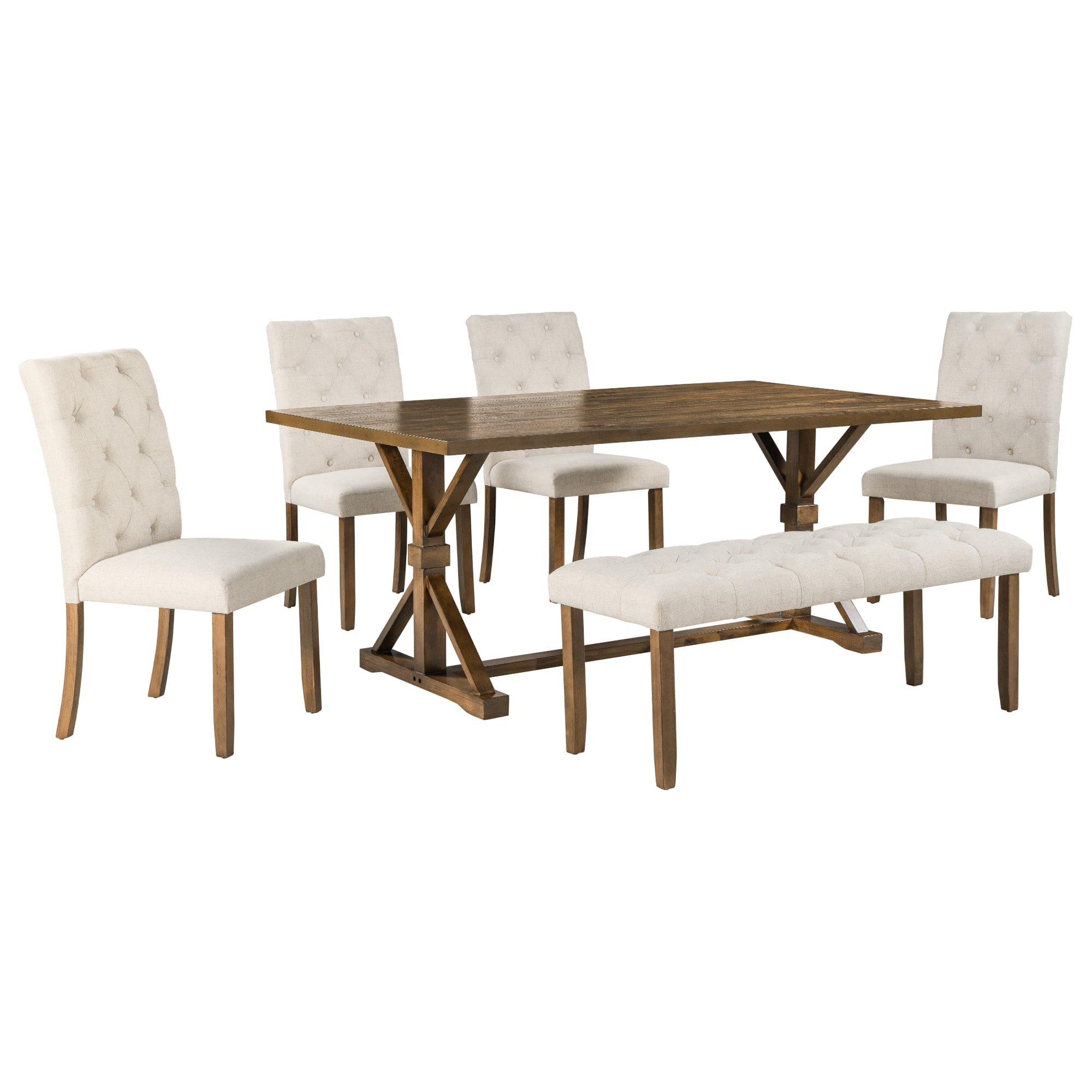 TREXM 6-Piece Farmhouse Dining Table Set 72" Wood Rectangular Table, 4 Upholstered Chairs with Bench (Walnut)