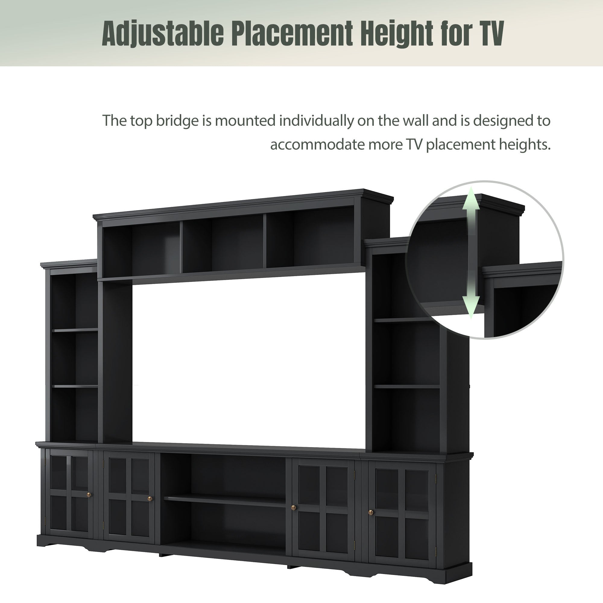 ON-TREND Minimalism Style Entertainment Wall Unit with Bridge, Modern TV Console Table for TVs Up to 70", Multifunctional TV Stand with Tempered Glass Door, Black (Old SKU: SD000009AAB)