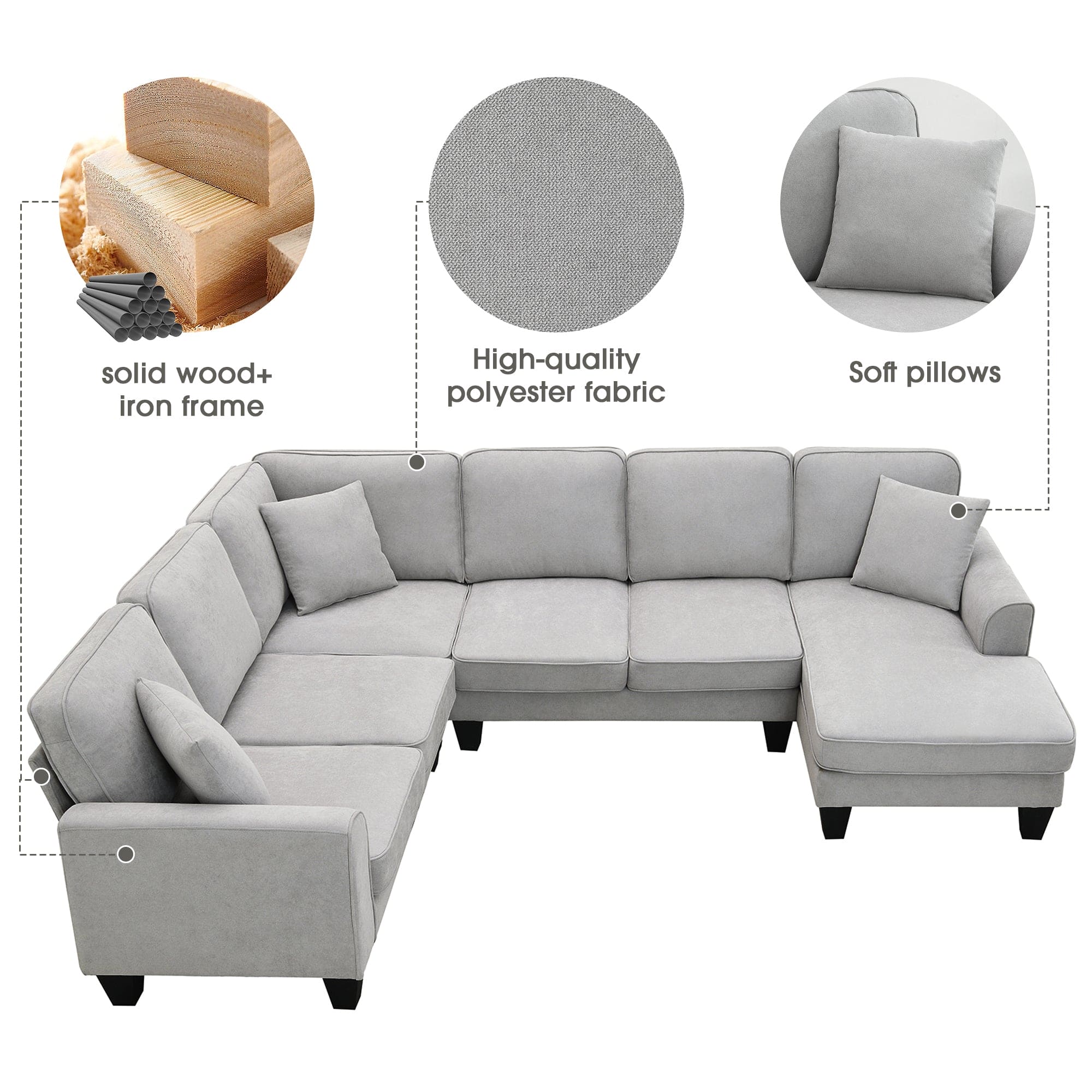 [VIDEO provided] [New] 108*85.5" Modern U Shape Sectional Sofa, 7 Seat Fabric Sectional Sofa Set with 3 Pillows Included for Living Room, Apartment, Office,3 Colors