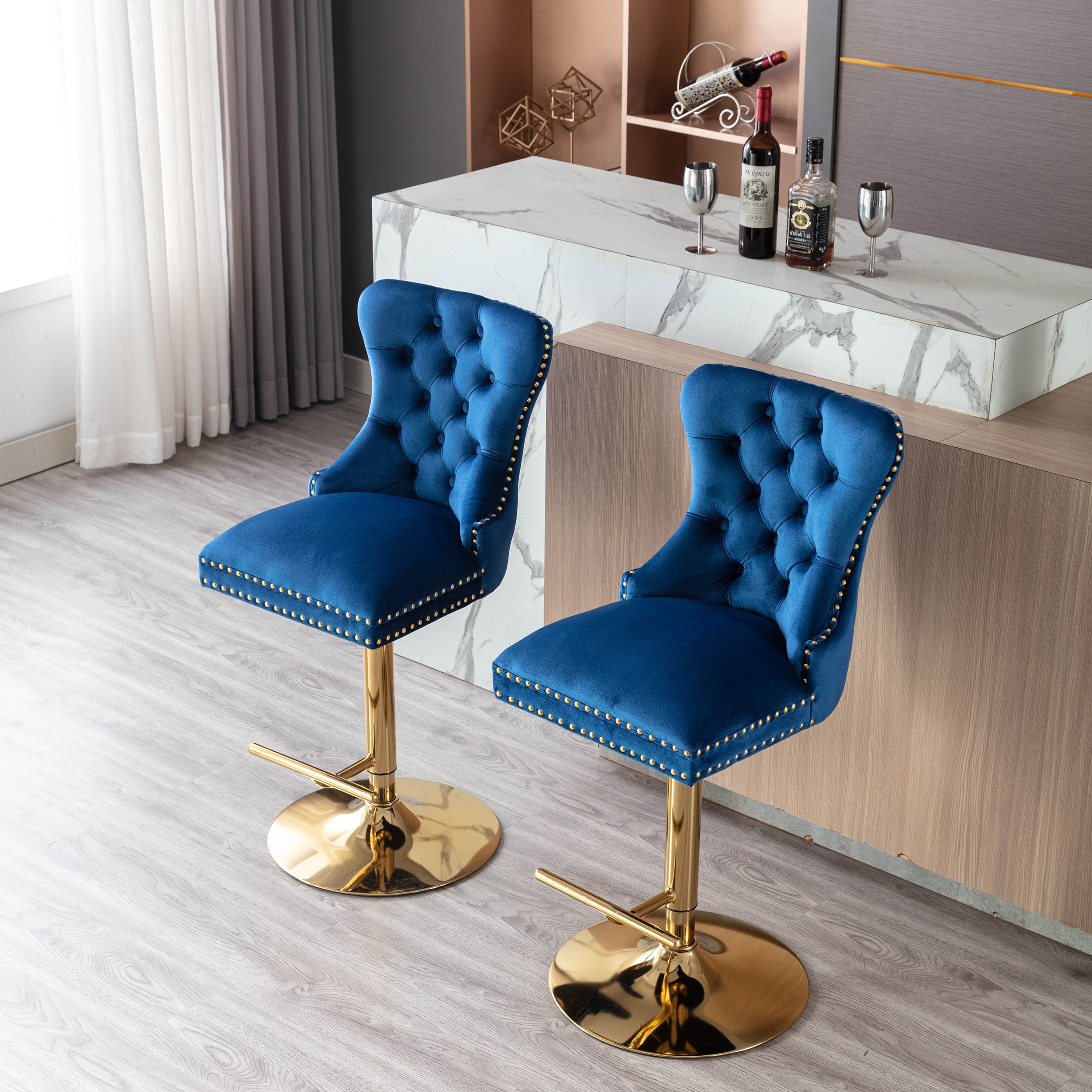 Swivel Bar Stools Chair Set of 2 Modern Adjustable Counter Height Bar Stools, Velvet Upholstered Stool with Tufted High Back & Ring Pull for Kitchen , Chrome Golden Base, Blue