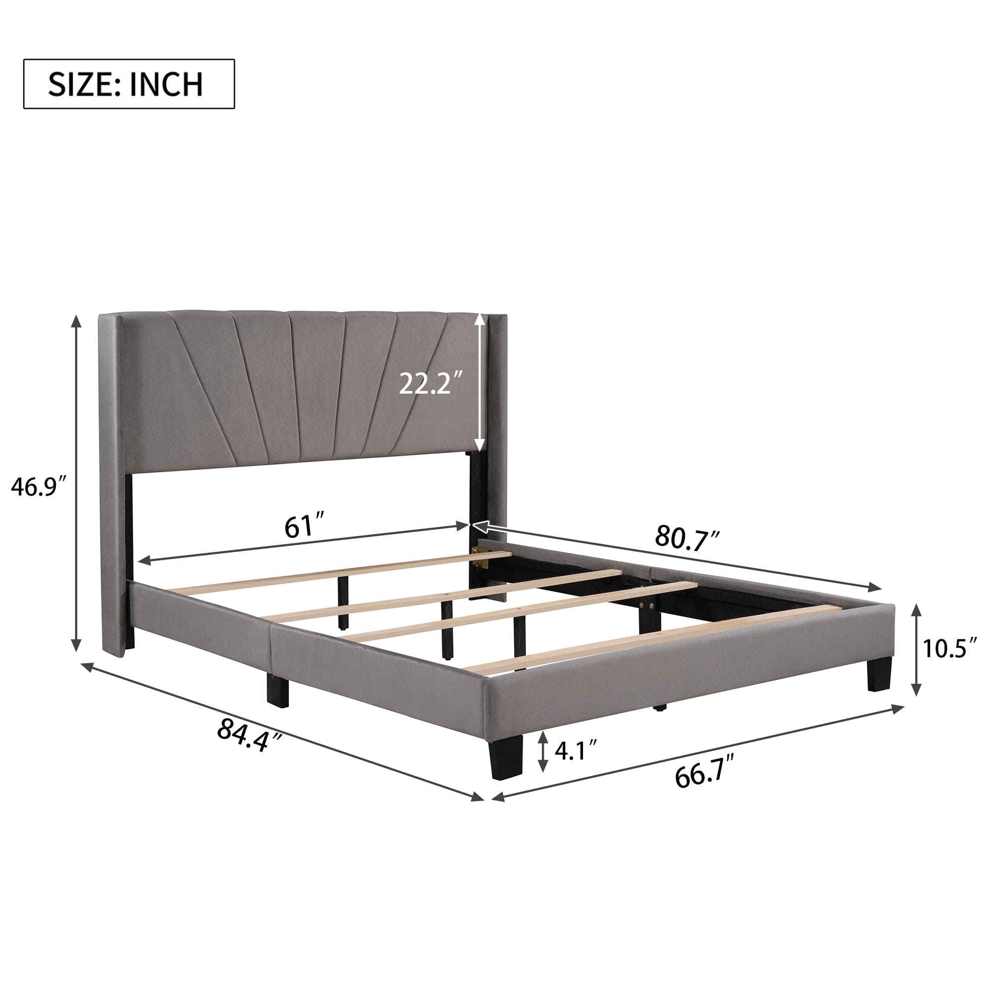 Queen Size Velvet Upholstered Platform Bed, Box Spring Needed - Gray