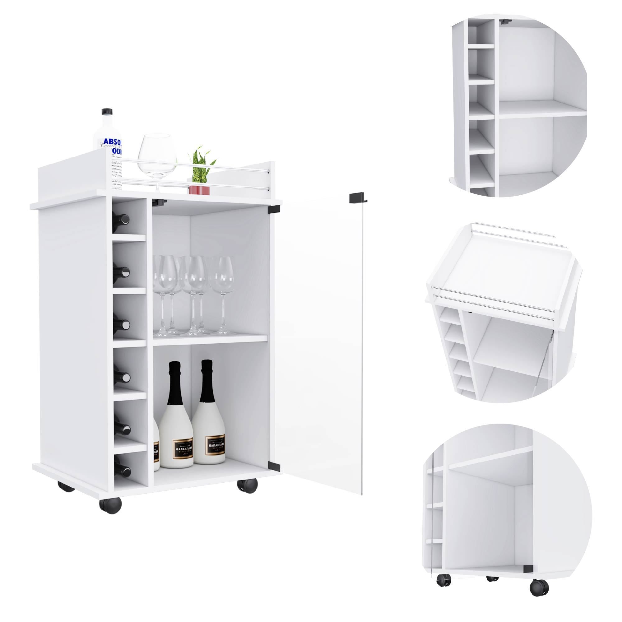 Bar Cart Baltimore, Six Wine Cubbies, Glass Door, Four Caster, Two Shelves, White Finish