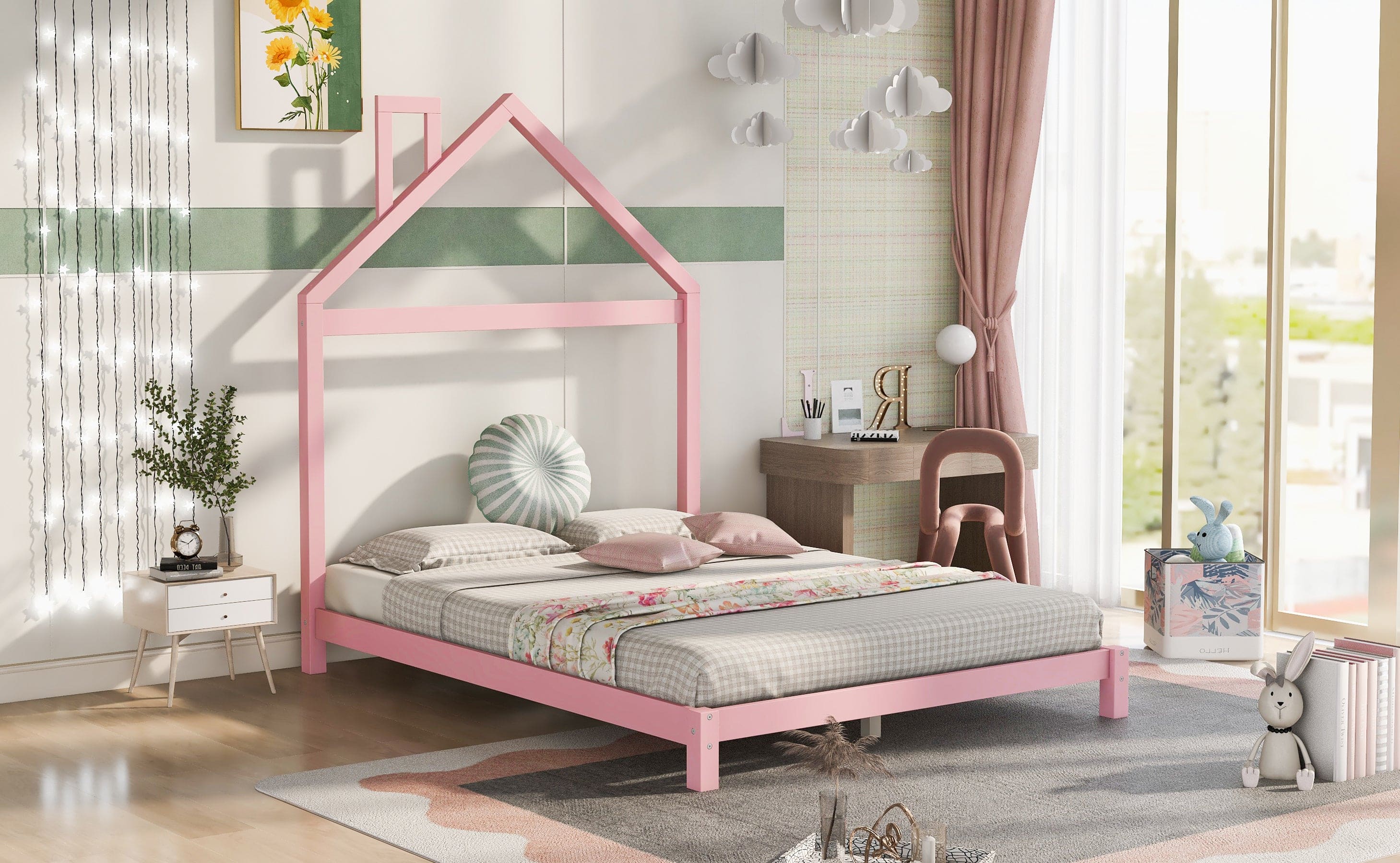 Full Size Wood Platform Bed with House-shaped Headboard  (Pink)