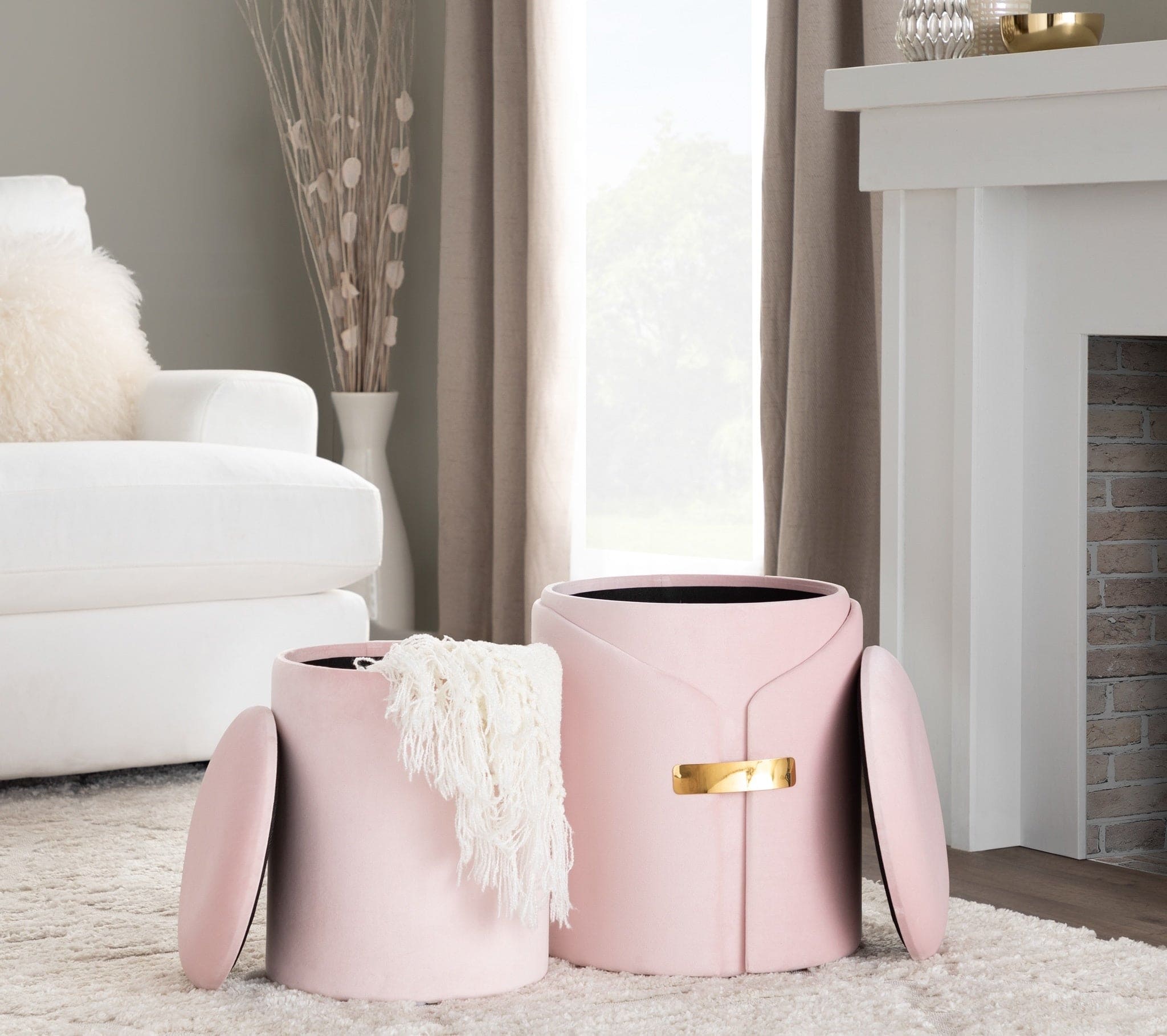 Dahlia Contemporary/Glam Nesting Ottoman Set in Blush Pink Velvet with Gold Metal Accent Pieces by LumiSource