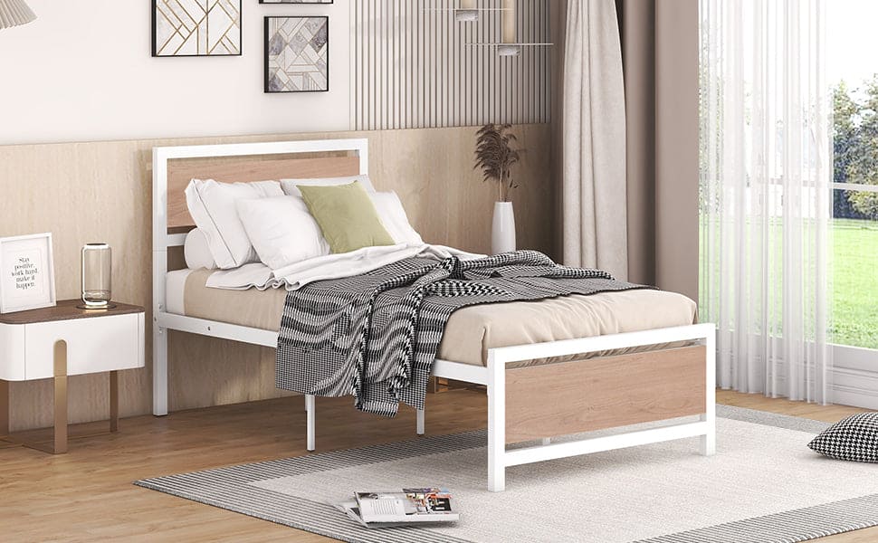 Twin Size Platform Bed, Metal and Wood Bed Frame with Headboard and Footboard , White