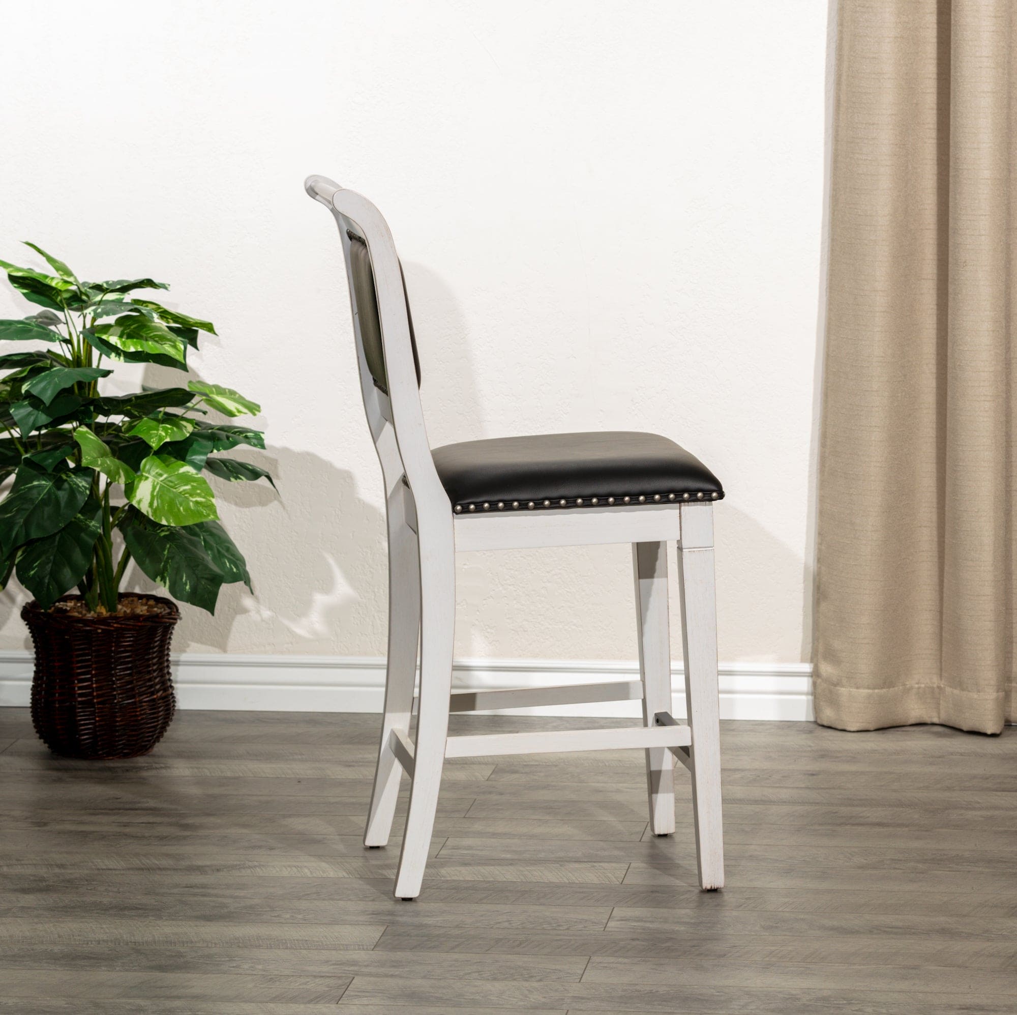 24" Counter Stool, Antique White Finish, Black Leather Seat