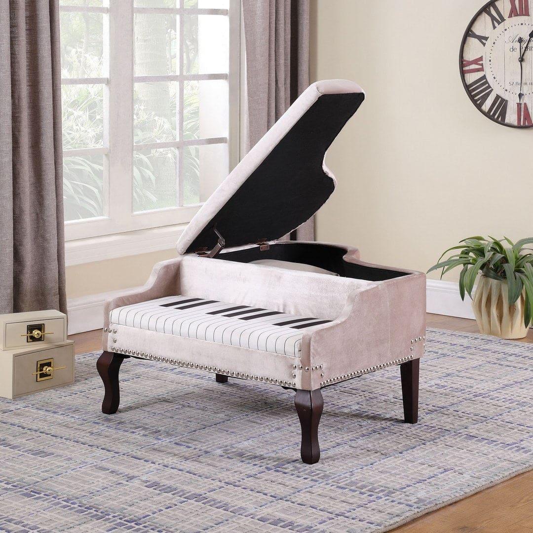 21-Inch-Long Beige Piano Silver Nailheads Storage Ottoman