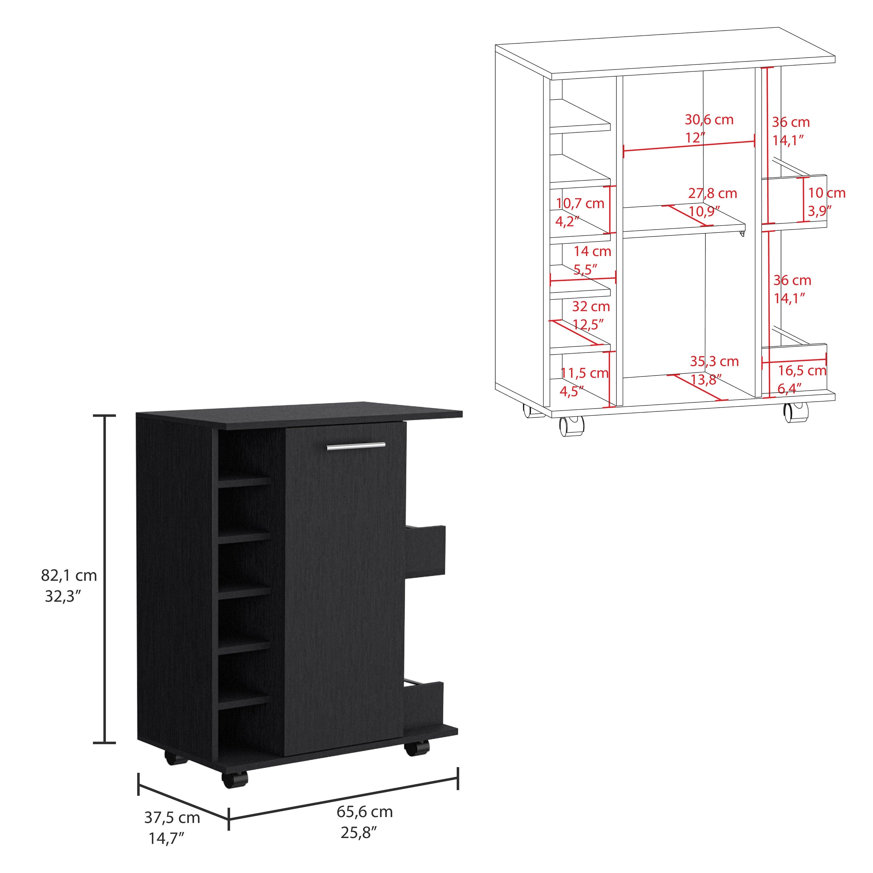 Bar Cart with Six-Wine Cubbies Cabot, Two-Side Storage Shelves and Casters, Black Wengue Finish