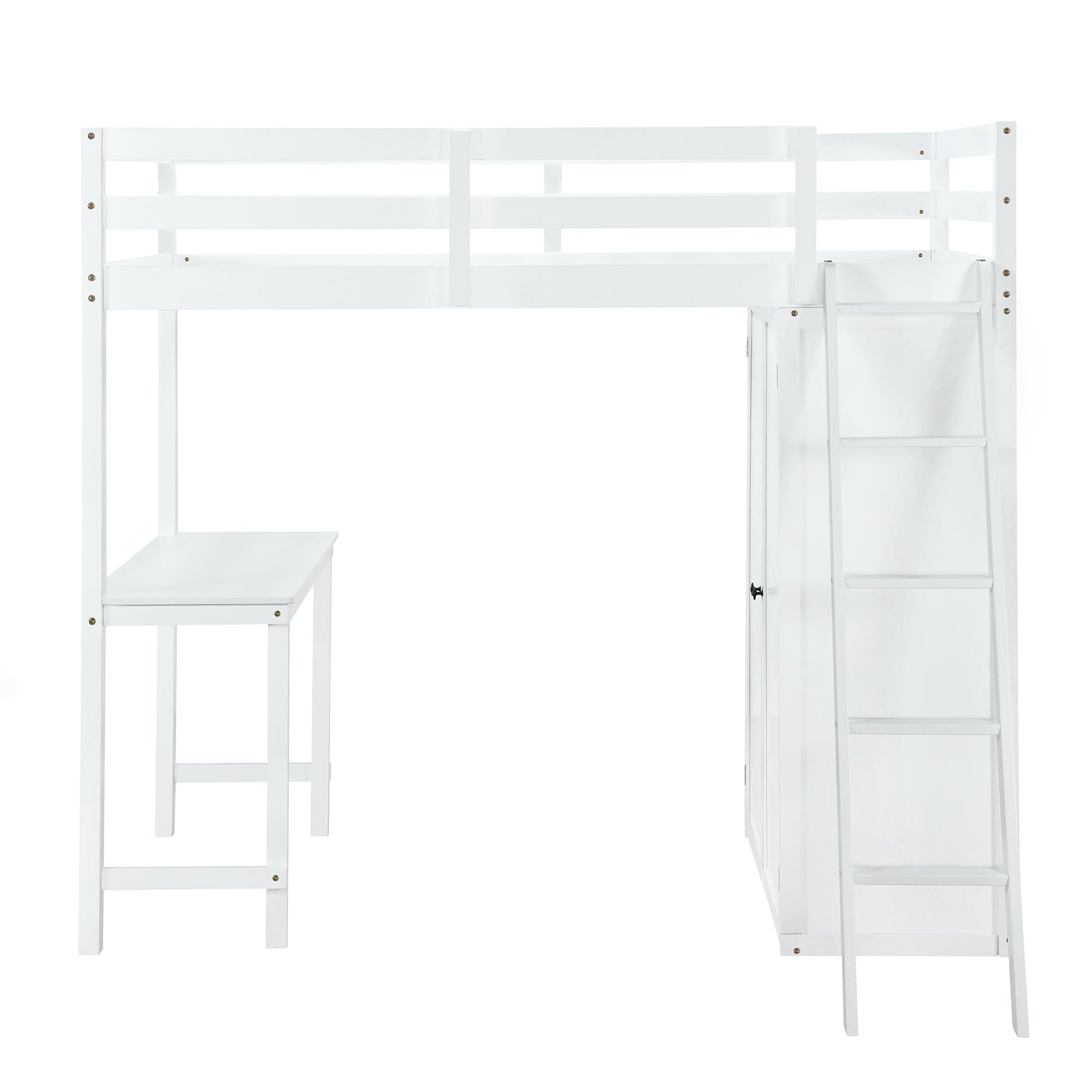 Twin Size Loft Bed with Wardrobe and Desk, White