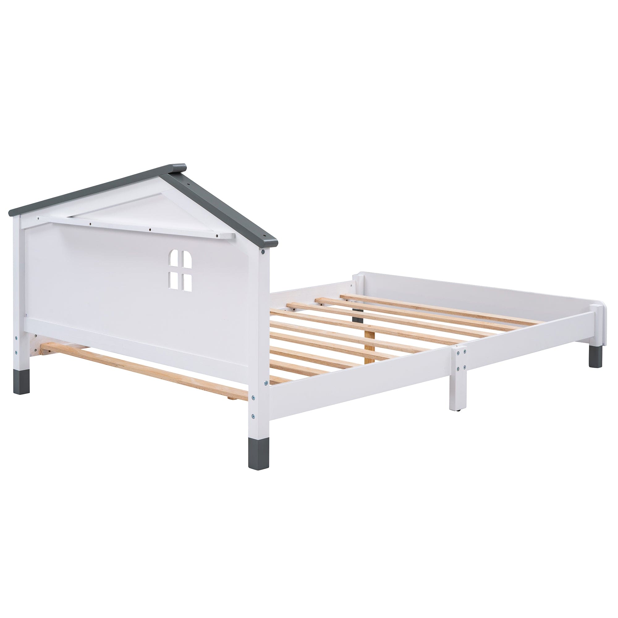 Full Size Wood Platform Bed with House-shaped Headboard  (White+Gray)