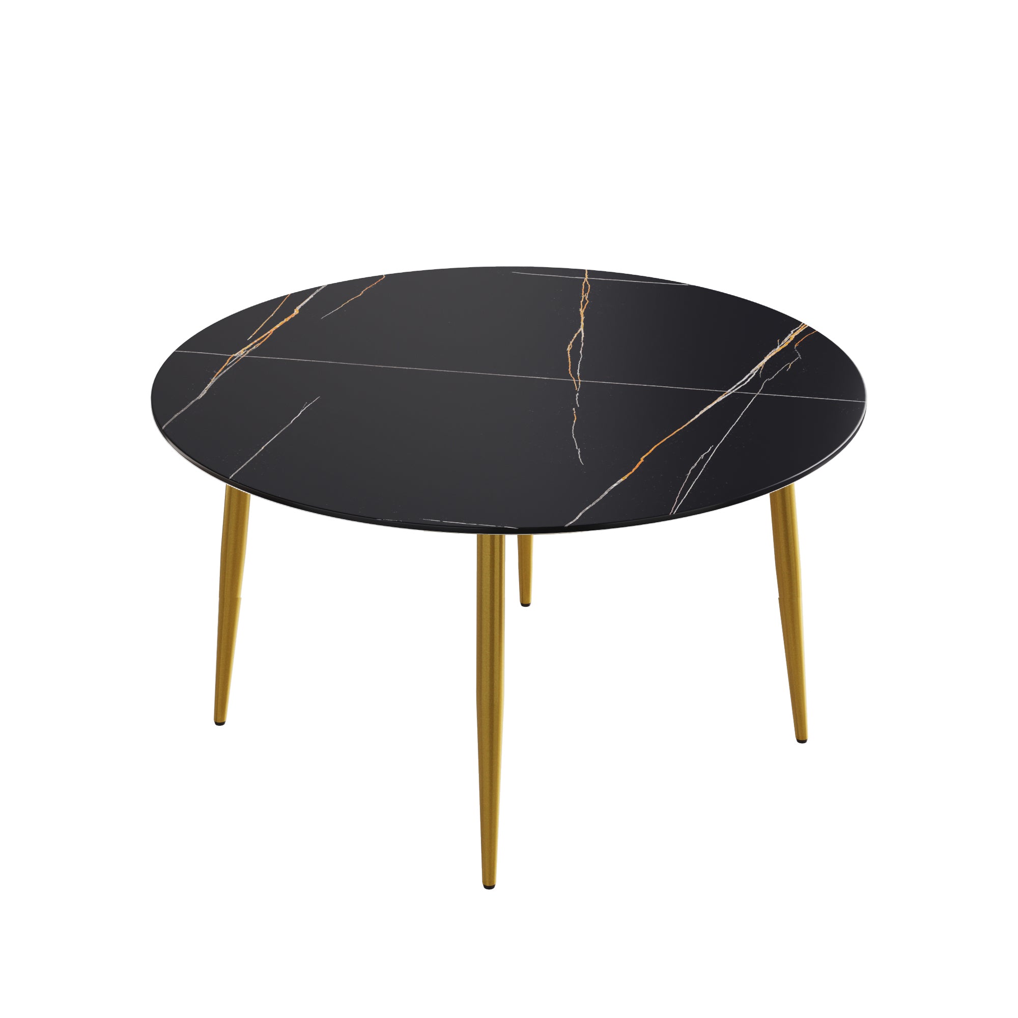 53.15 " modern artificial stone black round dining table with golden metal legs-can accommodate 6 people.