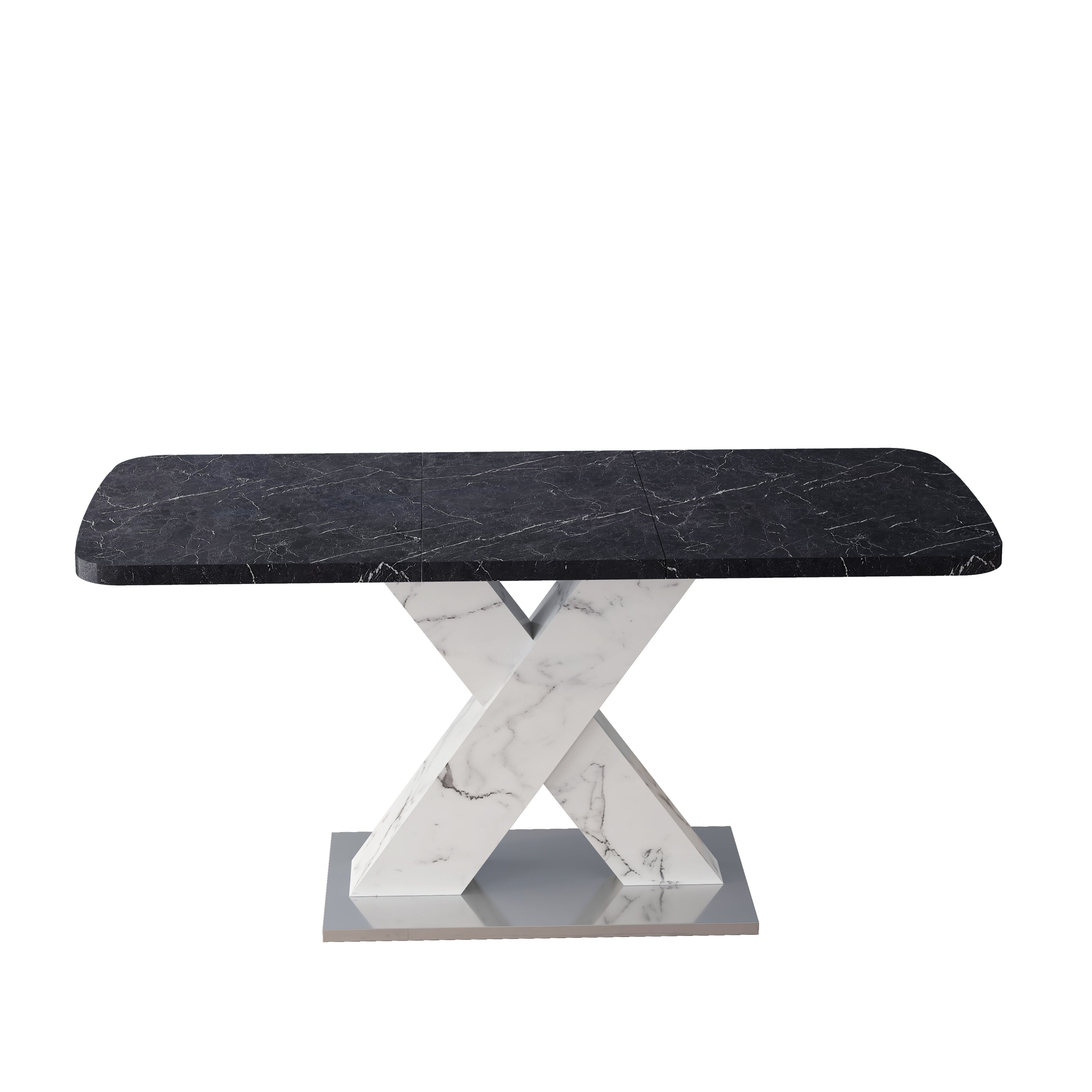 Modern Square Dining Table,Stretchable,Printed Black Marble Table Top+MDF White X-Shape Table Leg with Metal Base