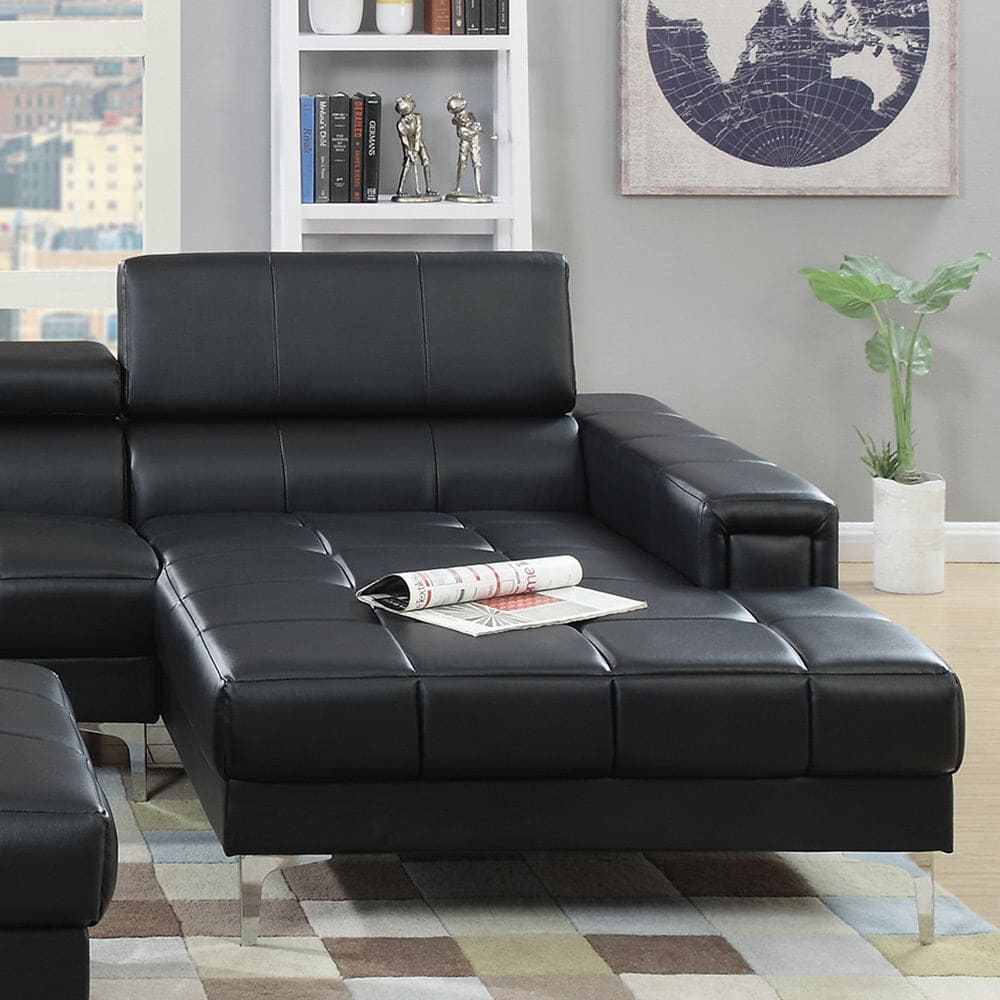 Bonded Leather Sectional Sofa with Adjustable Headrest in Black