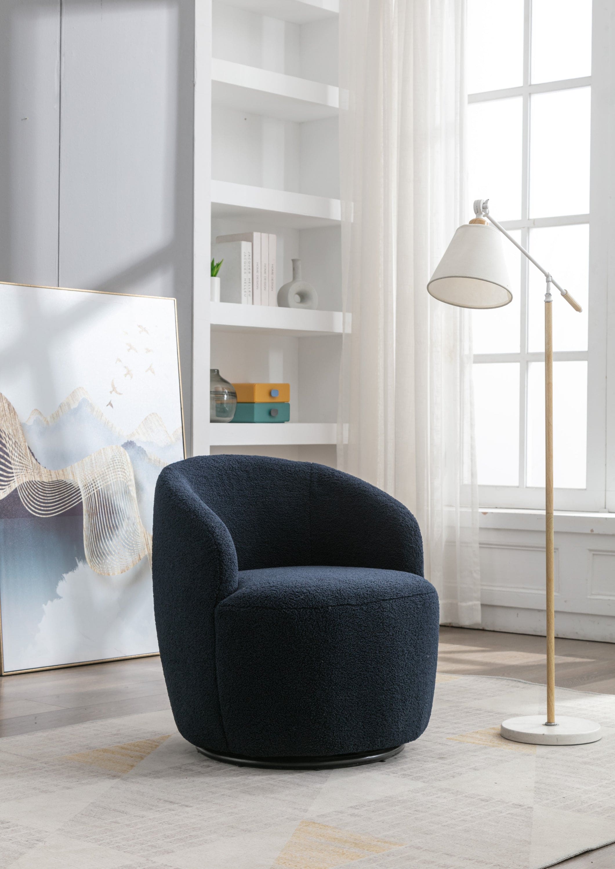 Teddy Fabric Swivel Accent Armchair Barrel Chair With Black Powder Coating Metal Ring,Dark Blue