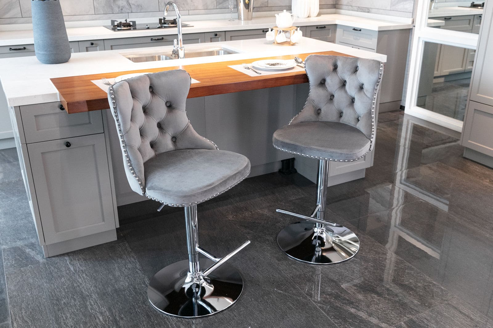 A&A Furniture,Swivel Velvet Barstools Gray Set of 2