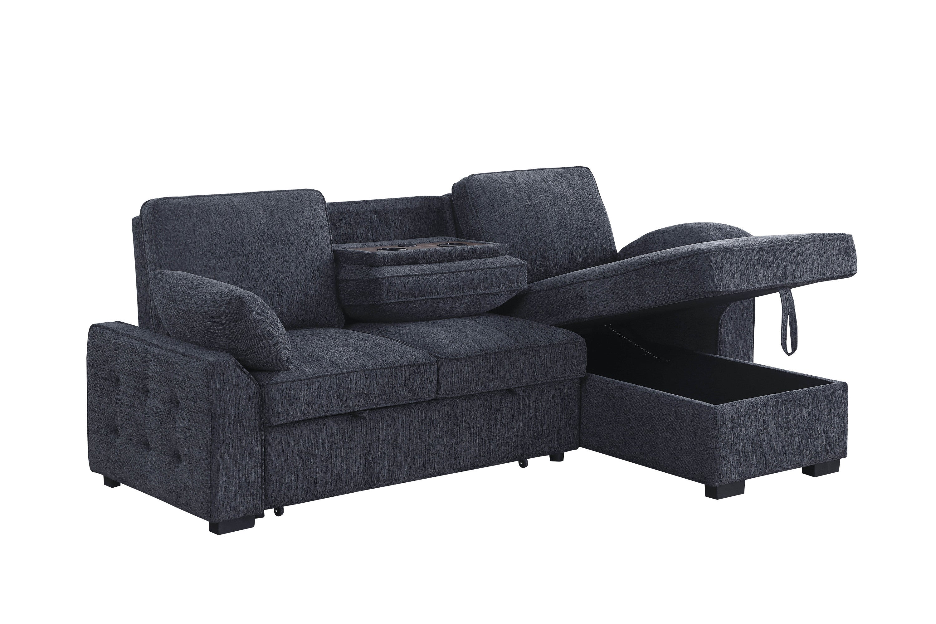 Mackenzie Dark Gray Chenille Fabric Reversible Sleeper Sectional with Storage Chaise, Drop-Down Table, Cup Holders and Charging Ports