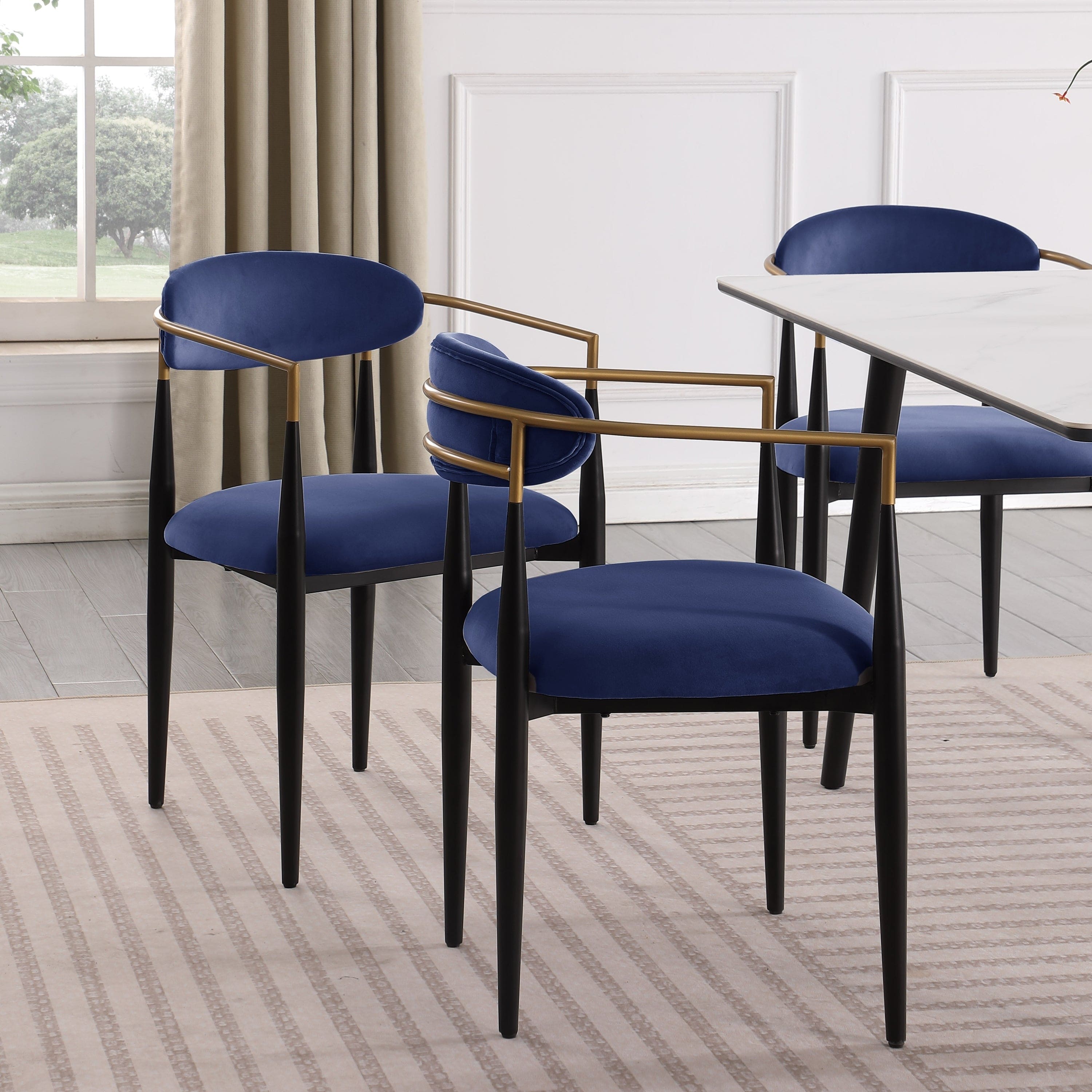 Modern Contemporary 5pc Dining Set Black Sintered Stone Table and Blue Chairs Fabric Upholstered Stylish Furniture