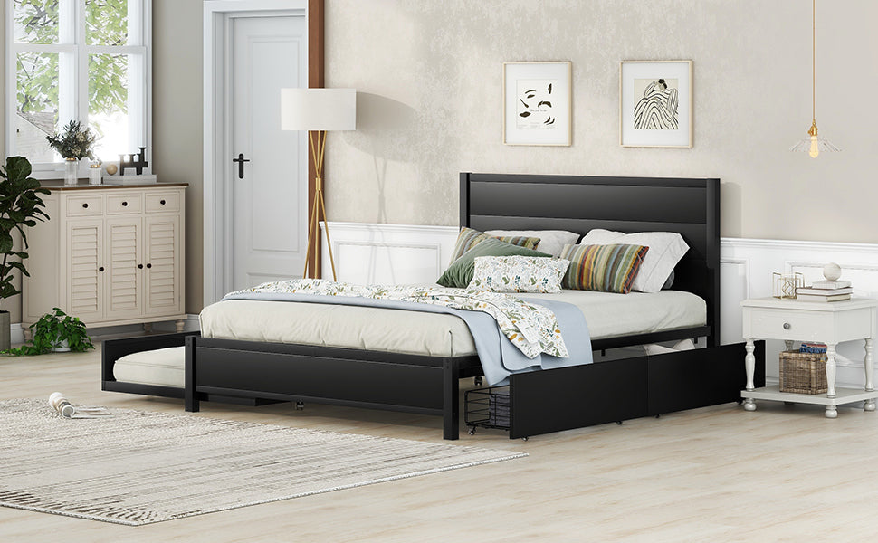 Metal Queen Size Storage Platform Bed with Twin Size Trundle and 2 Drawers, Black