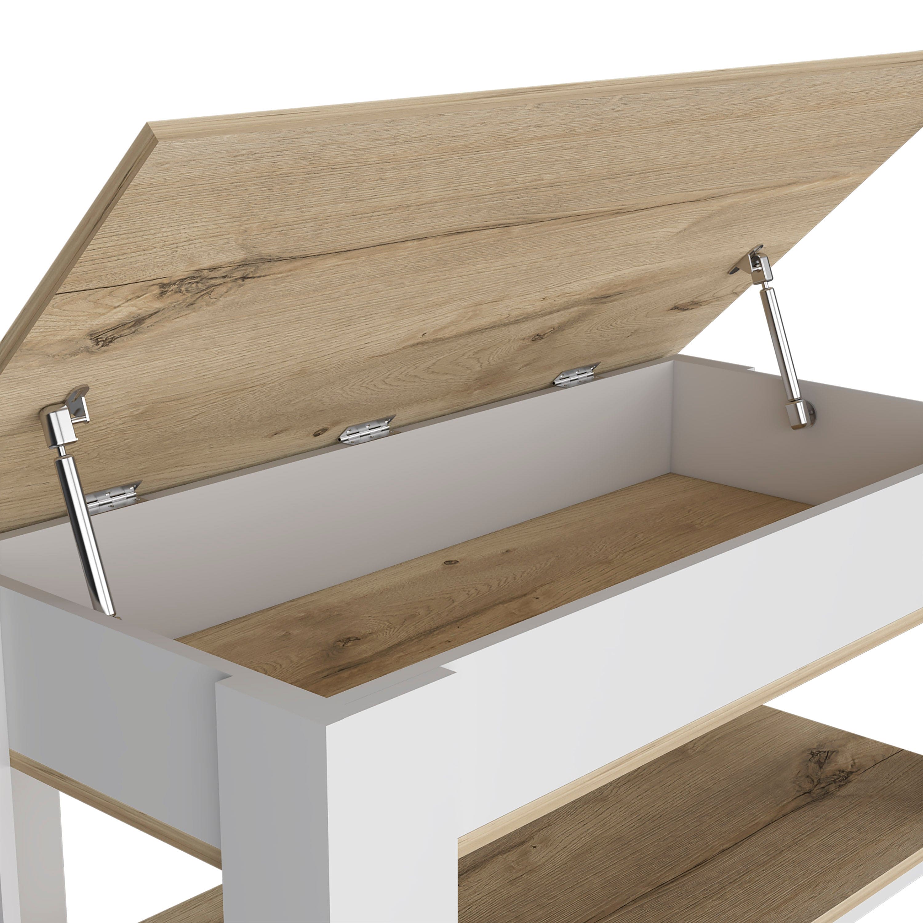 Storage Table Polgon, Extendable Table Shelf, Lower Shelf, Light Oak / White Finish