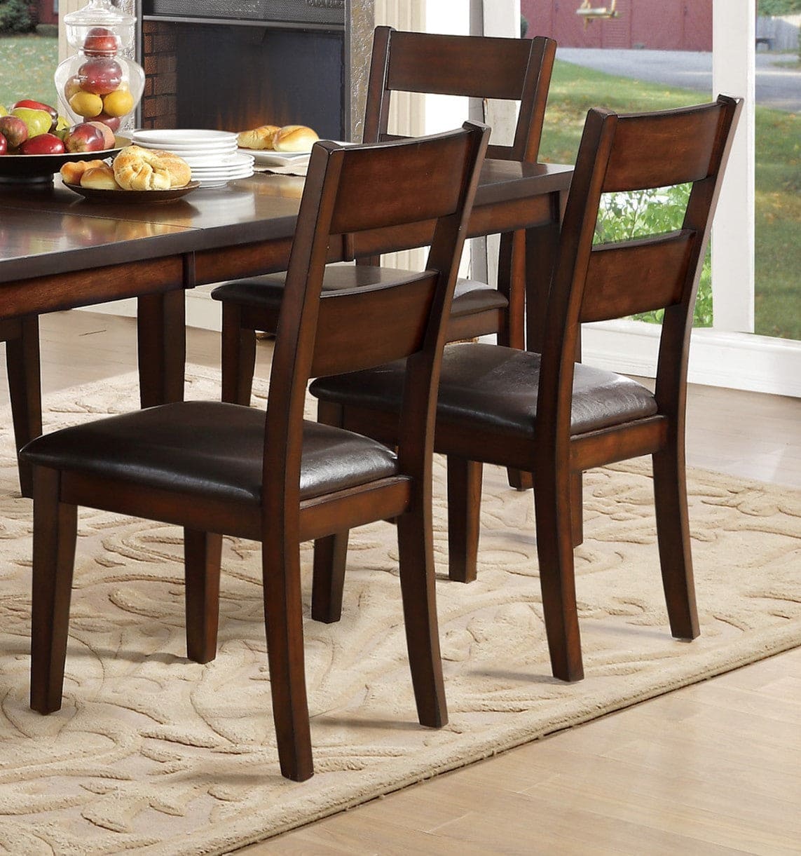 Cherry Finish Classic 7pc Dining Set Wooden Table Draw Leaf and 6 Side Chairs Faux Leather Upholstered Durable Furniture Transitional Style Ladder Back