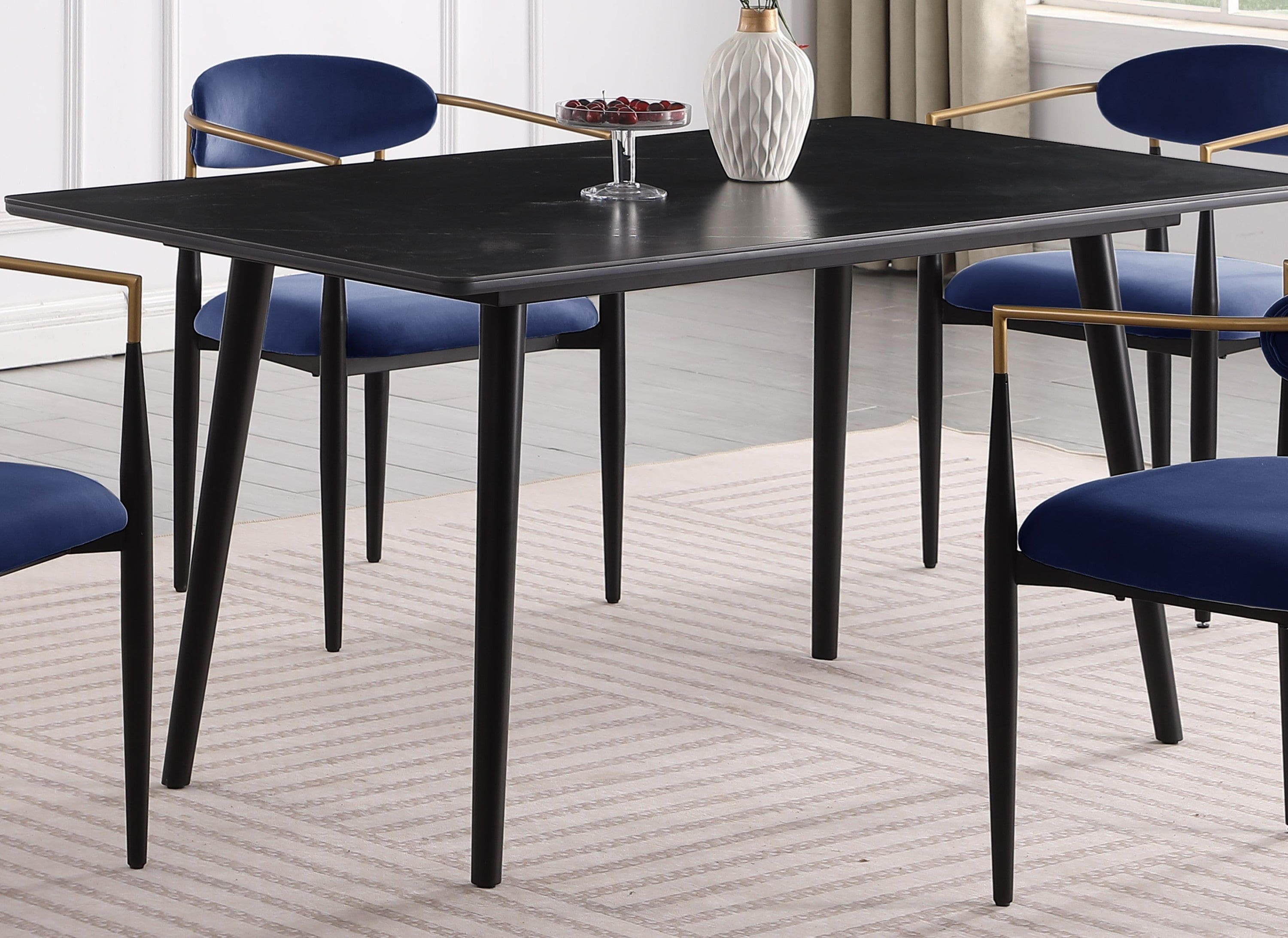 Modern Contemporary 5pc Dining Set Black Sintered Stone Table and Blue Chairs Fabric Upholstered Stylish Furniture