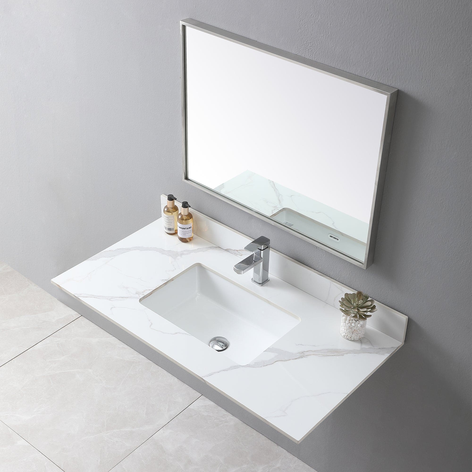 Montary 43x 22 inch bathroom stone vanity carrara gold color sintered stone vanity top with single faucet hole .