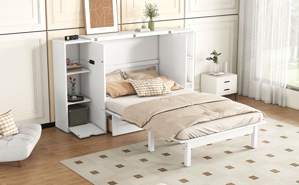 Queen Size Murphy Bed with Shelves, Drawers and USB Ports,White