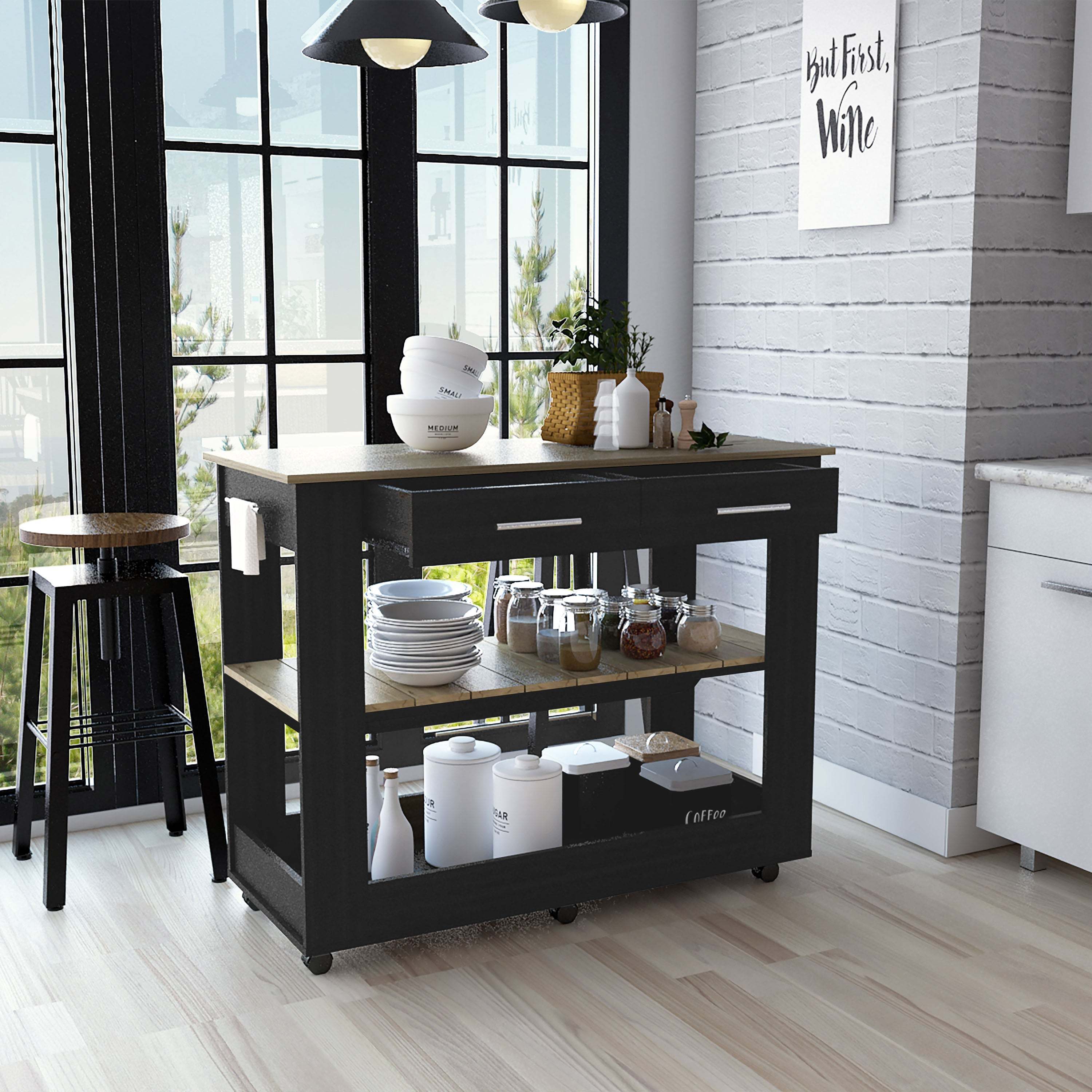 DEPOT E-SHOP Delos 46 Kitchen Island White, Six Casters, Two Drawers, Lower Open Shelf, Black / Light Oak