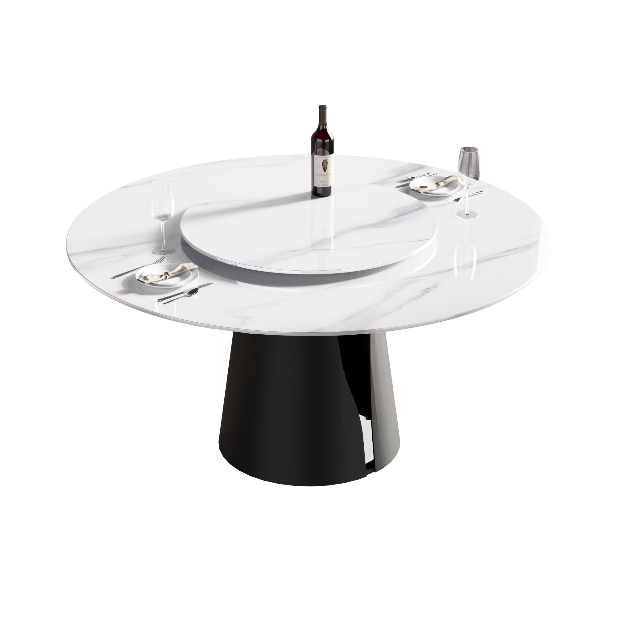 59.05"Modern artificial stone round black carbon steel base dining table-can accommodate 6 people-31.5"white artificial stone turntable