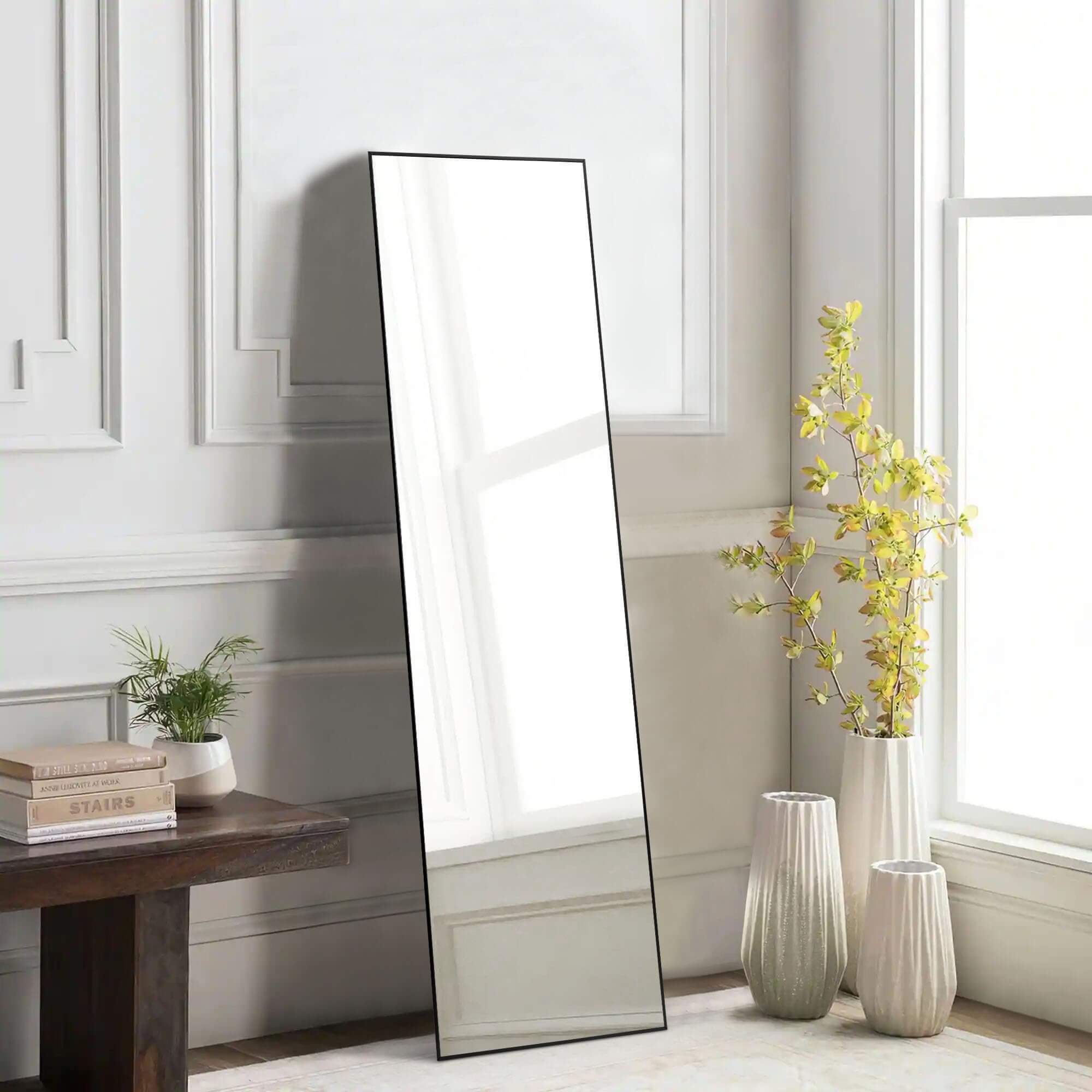 Floor Standing Mirror, Wall Mirror with Stand Aluminum Alloy Thin Frame,16''*59'',Black-rect