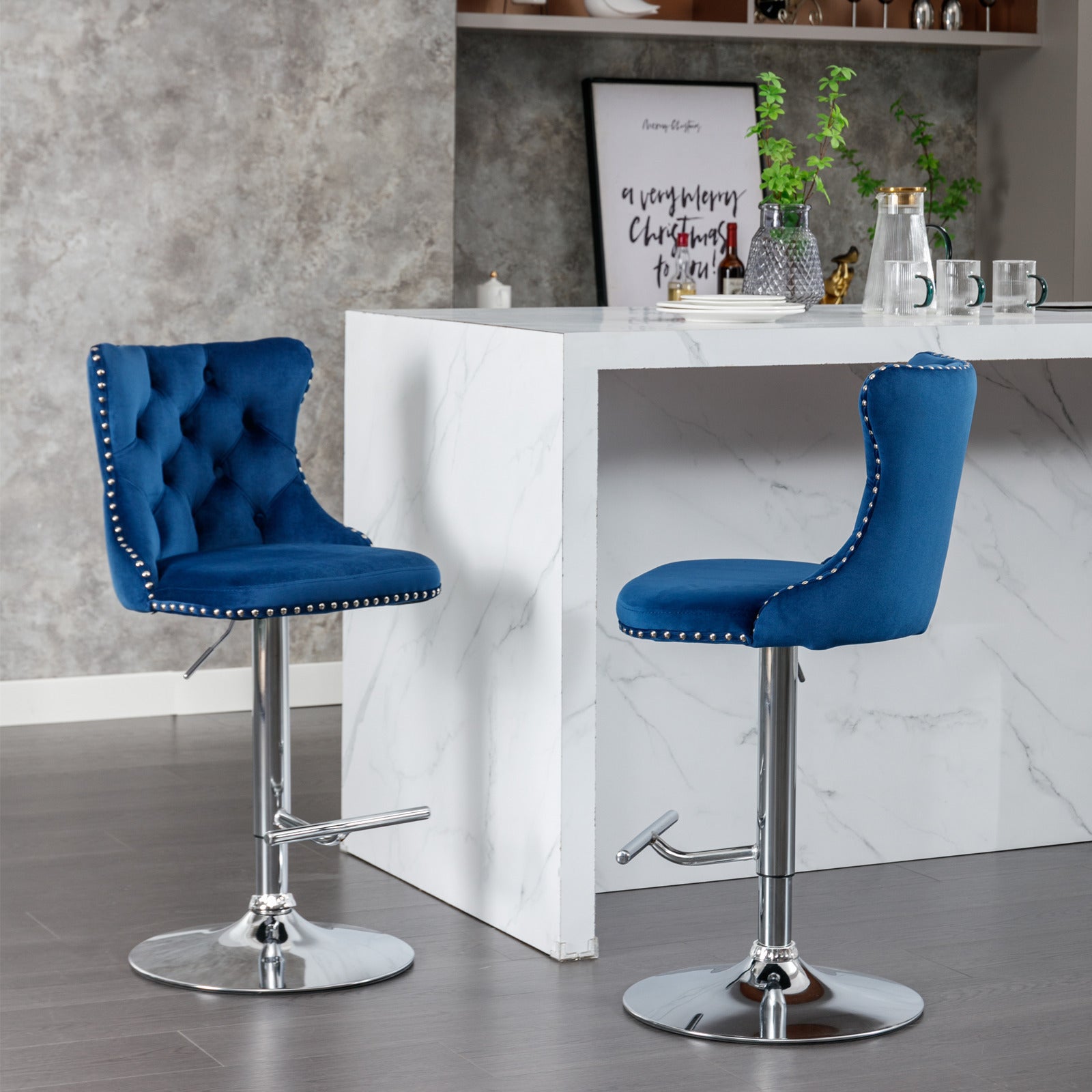 A&A Furniture,Swivel Velvet Barstools Blue,Set of 2