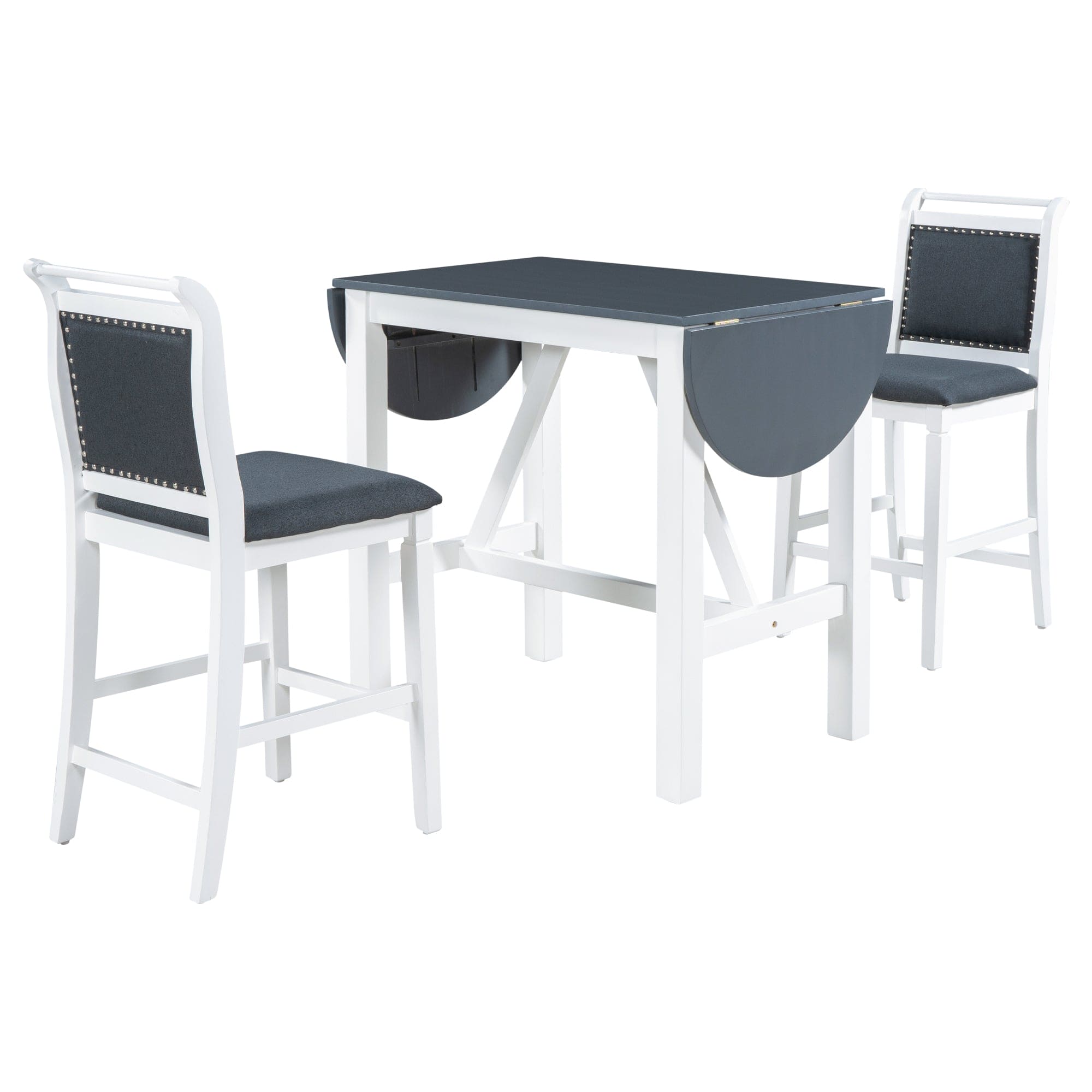 TOPMAX 3-Piece Wood Counter Height Drop Leaf  Dining Table Set with 2 Upholstered Dining Chairs for Small Place, White+Gray