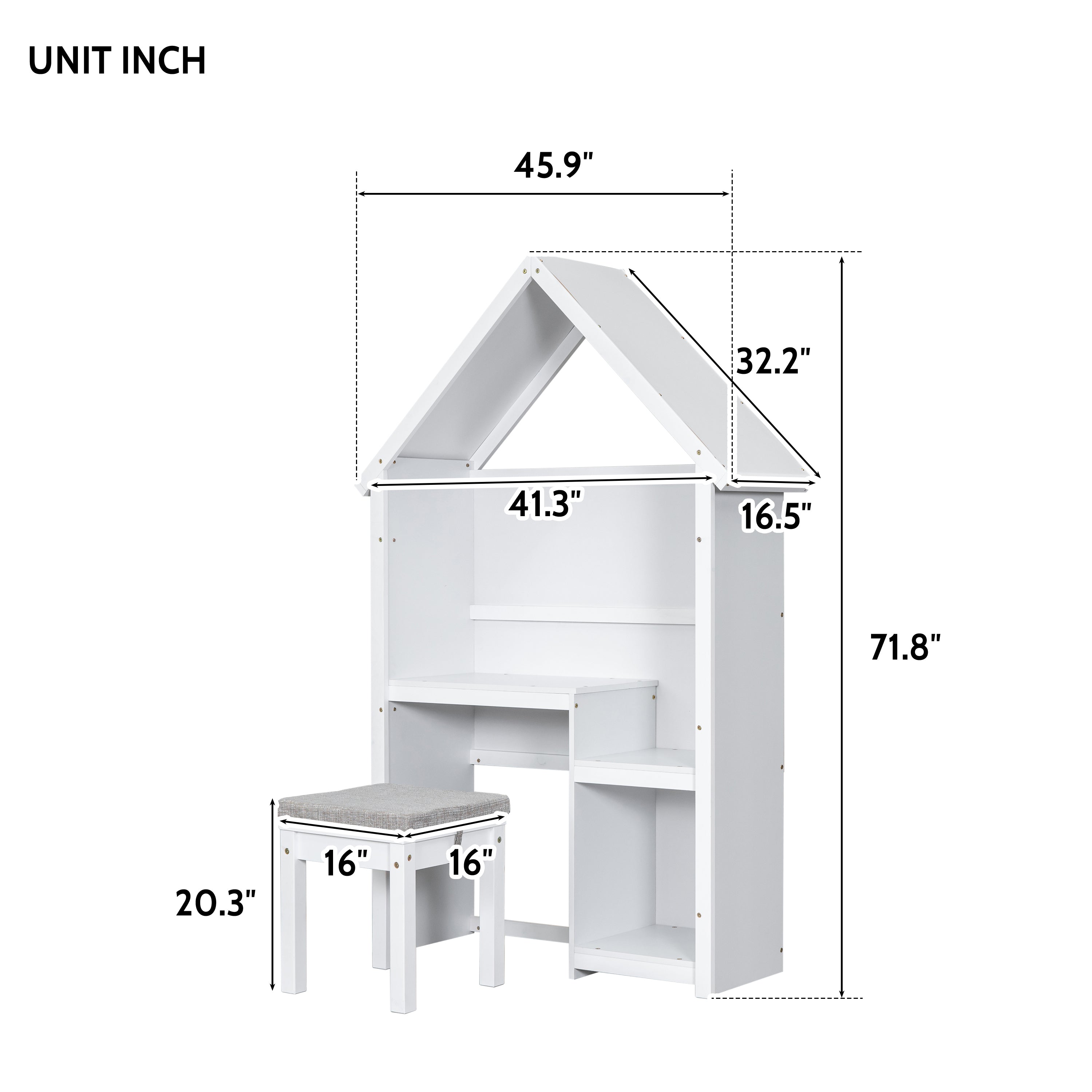 House-Shaped Desk with a cushion stool,White