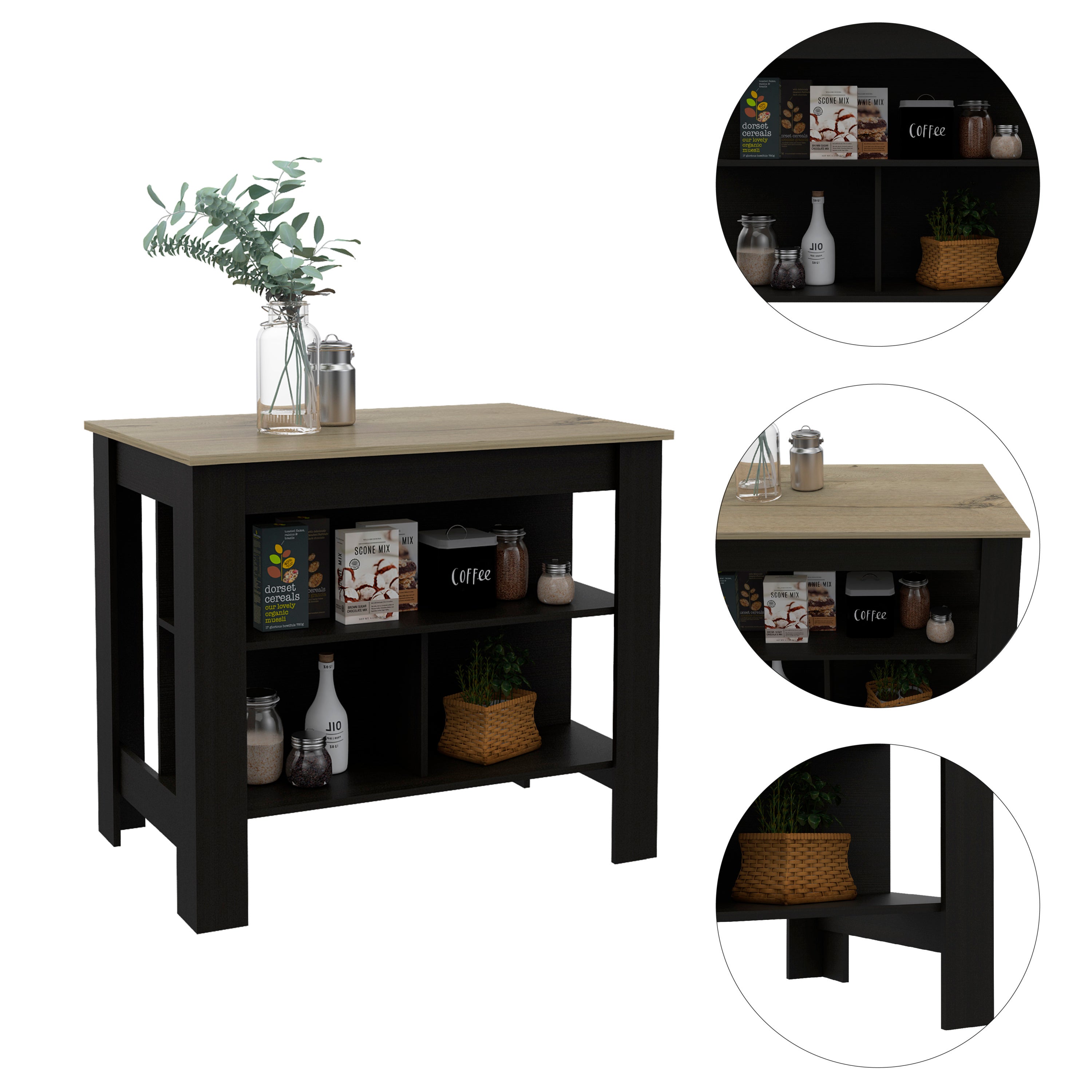 Cala Kitchen Island, Four Legs, Three Shelves  -Black / Light Oak