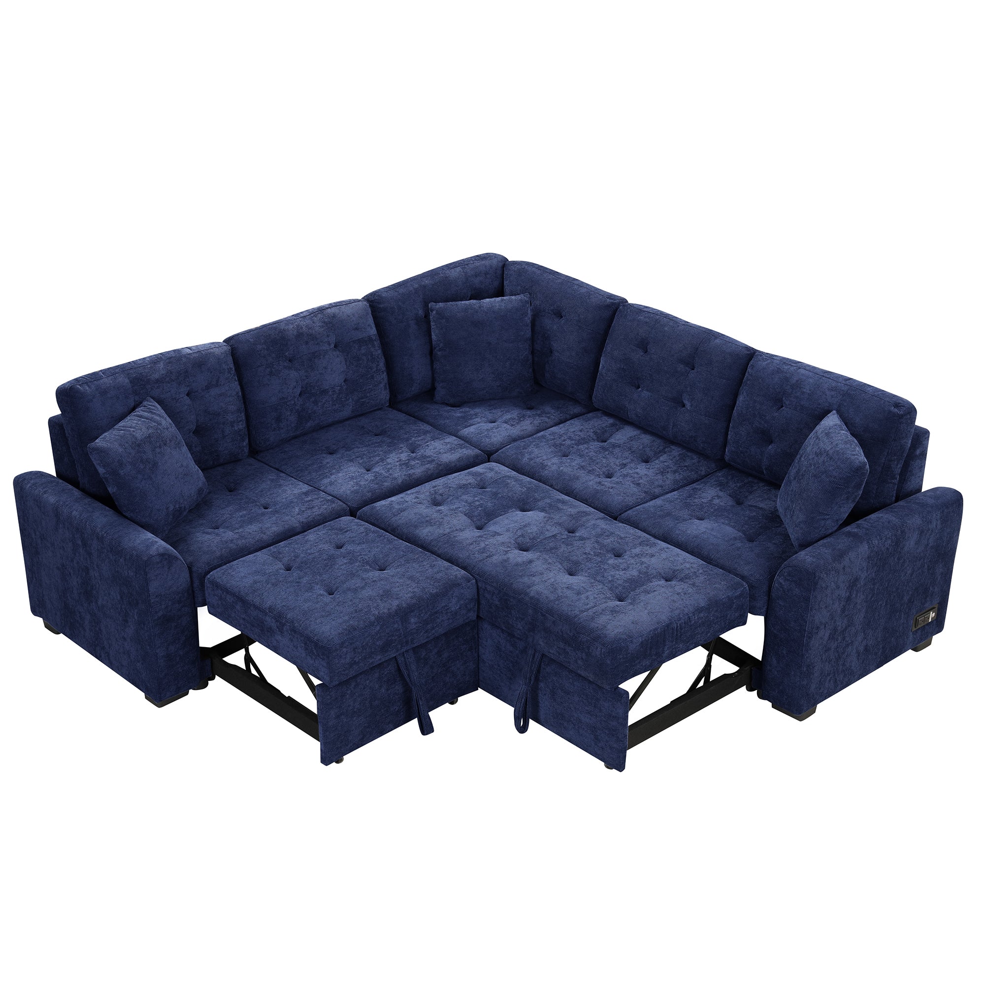 82.6" L-shape Sofa Bed Pull-out Sleeper Sofa with Wheels, USB Ports, Power Sockets for Living Room, Navy Blue