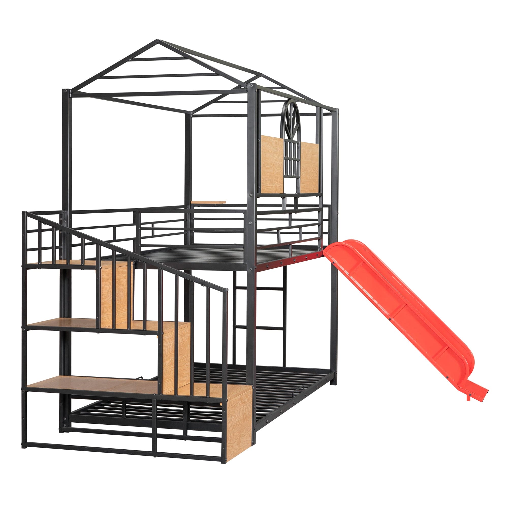 Twin Over Twin Metal Bunk Bed, Metal Housebed with Slide and Storage Stair, Black with Red Slide