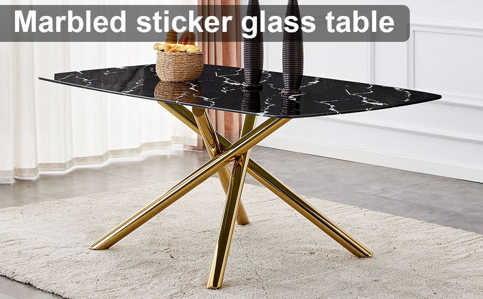 Large modern minimalist rectangular dining table with 0.39 "imitation marble black tabletop and golden metal legs, for Kitchen Dining Living Meeting Room Banquet hall 1537