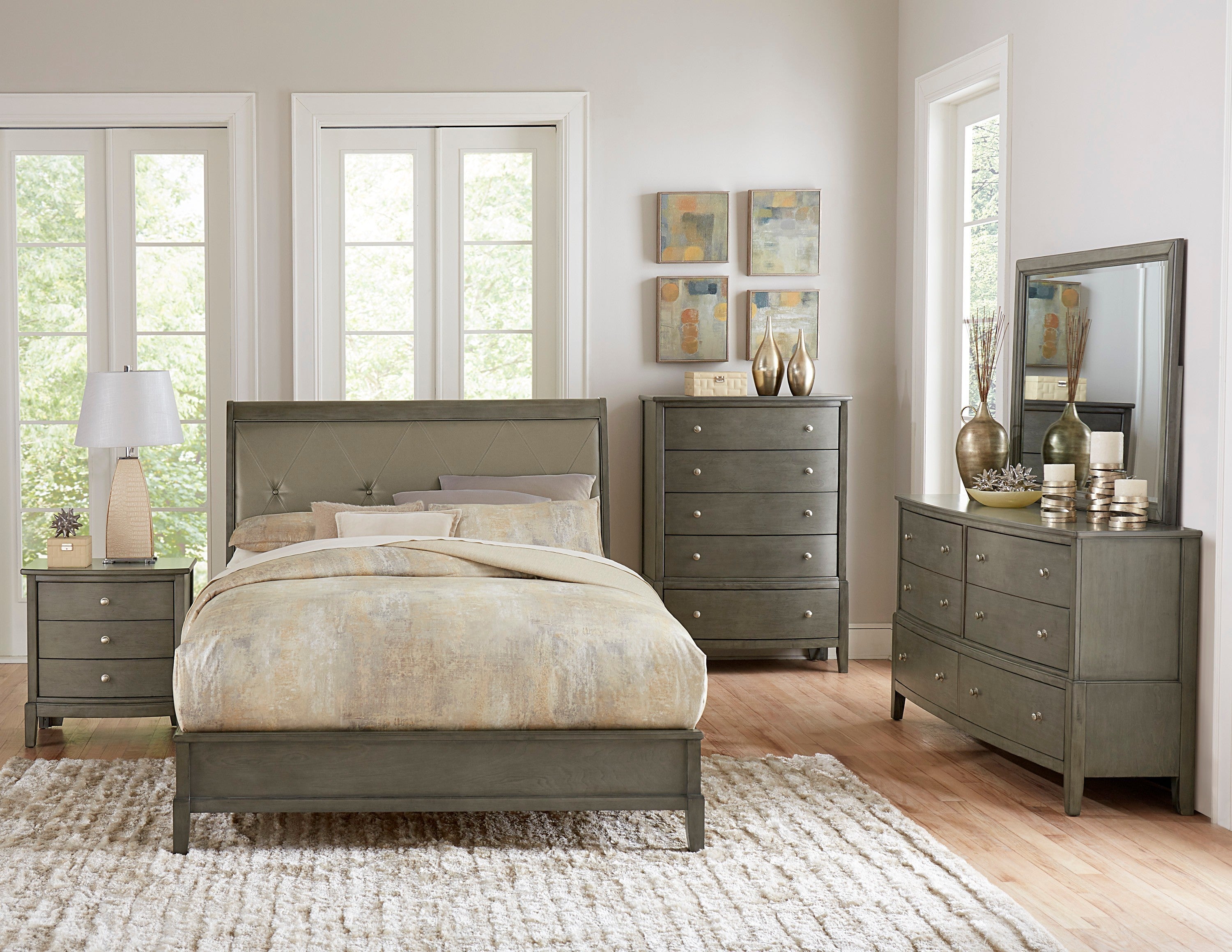 Bedroom Furniture 3 Drawers Nightstand Gray Finish Birch Veneer Nickel Hardware Bed Side Table