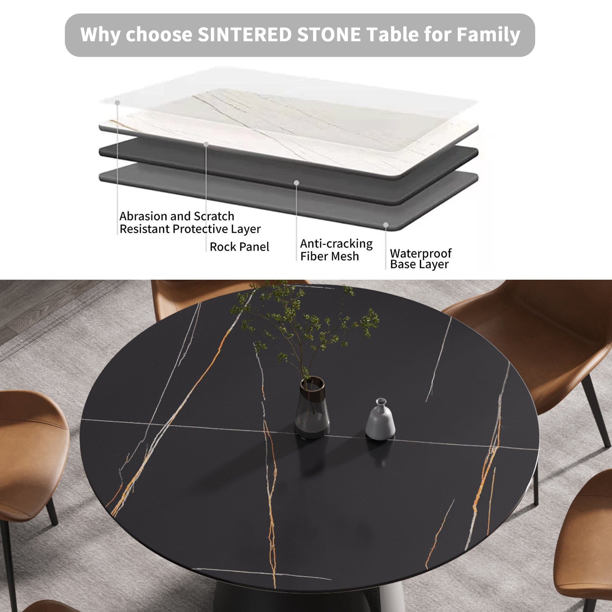 53.15"Modern artificial stone round black carbon steel base dining table-can accommodate 6 people