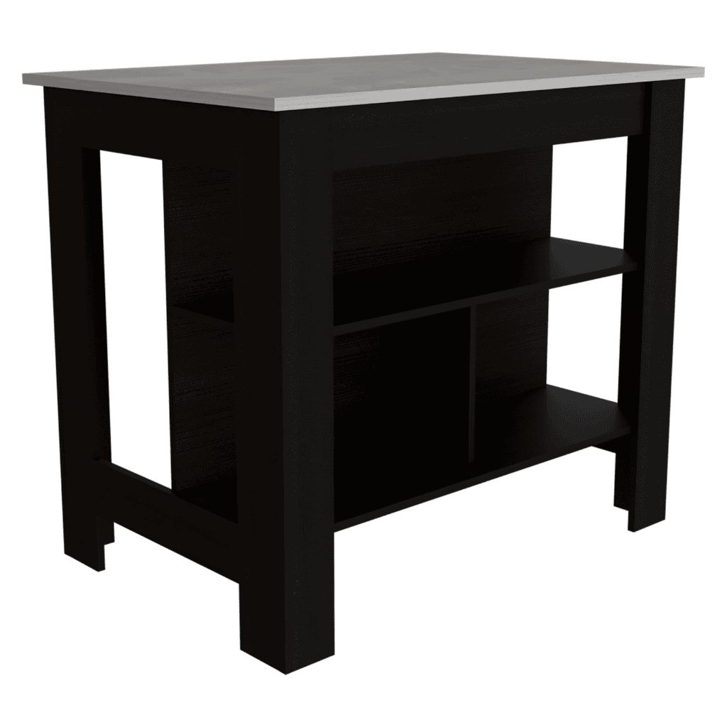 DEPOT E-SHOP Delos Kitchen Island, Four Legs, Three Shelves, Black / Ibiza Marble