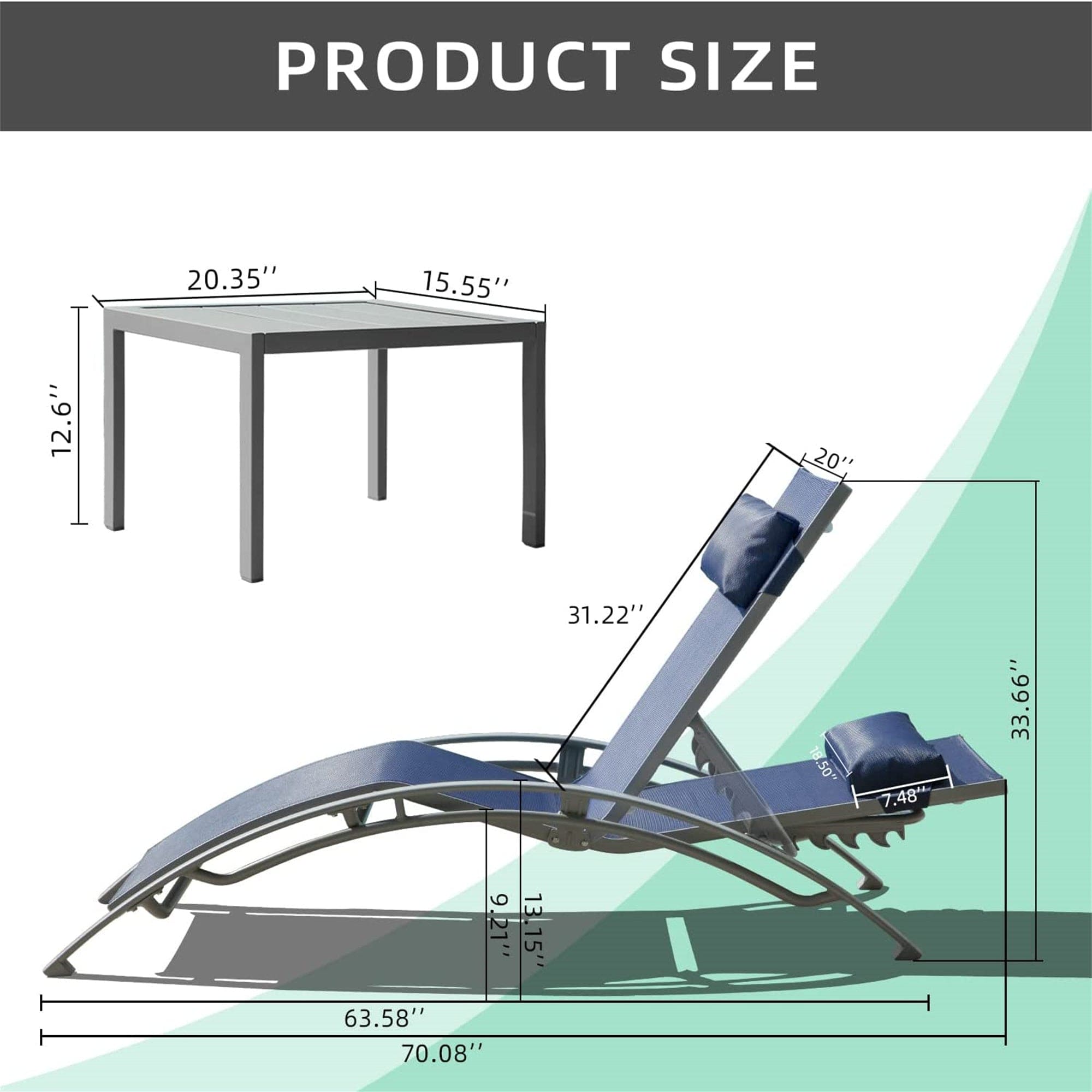 Pool Lounge Chairs Set of 3, Adjustable Aluminum Outdoor Chaise Lounge Chairs with Metal Side Table, All Weather for Deck Lawn Poolside Backyard (Blue, 2 Lounge Chirs+1 Table)