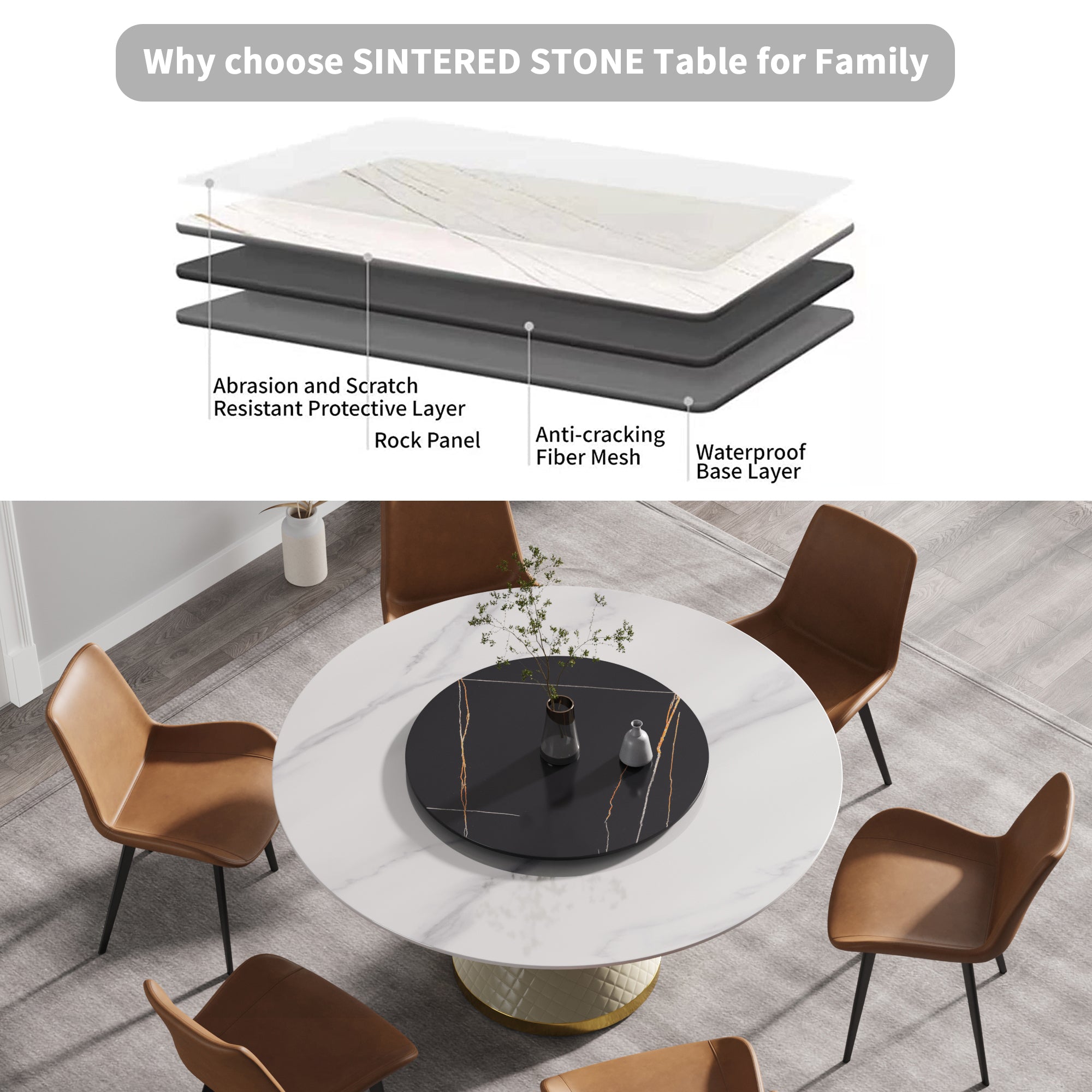 59.05"Modern artificial stone round white carbon steel base dining table-can accommodate 6 people-31.5"black artificial stone turntable