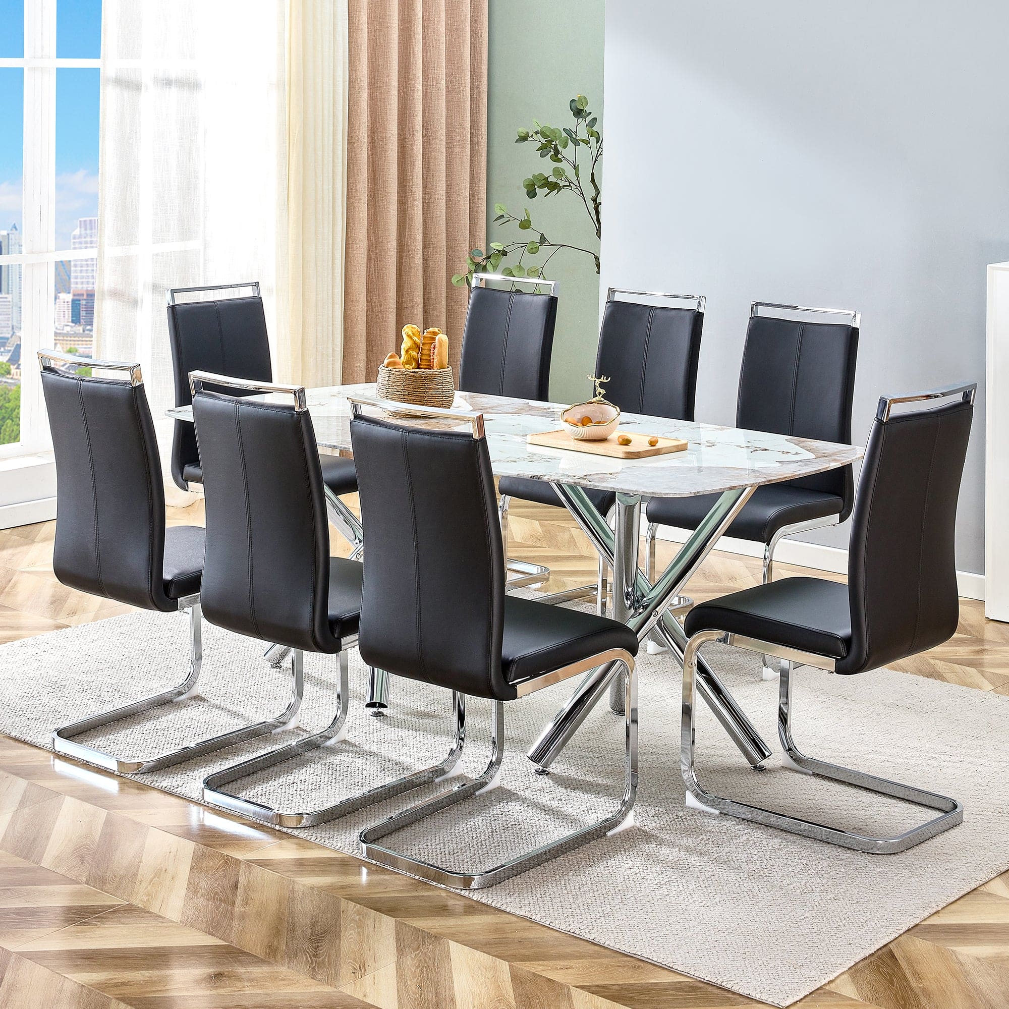 Large modern minimalist rectangular dining table suitable for 6-8 people, equipped with a 0.39 "imitation marble tabletop and metal legs,for Kitchen Dining Living Meeting Room Banquet hall,71"x 40"x30