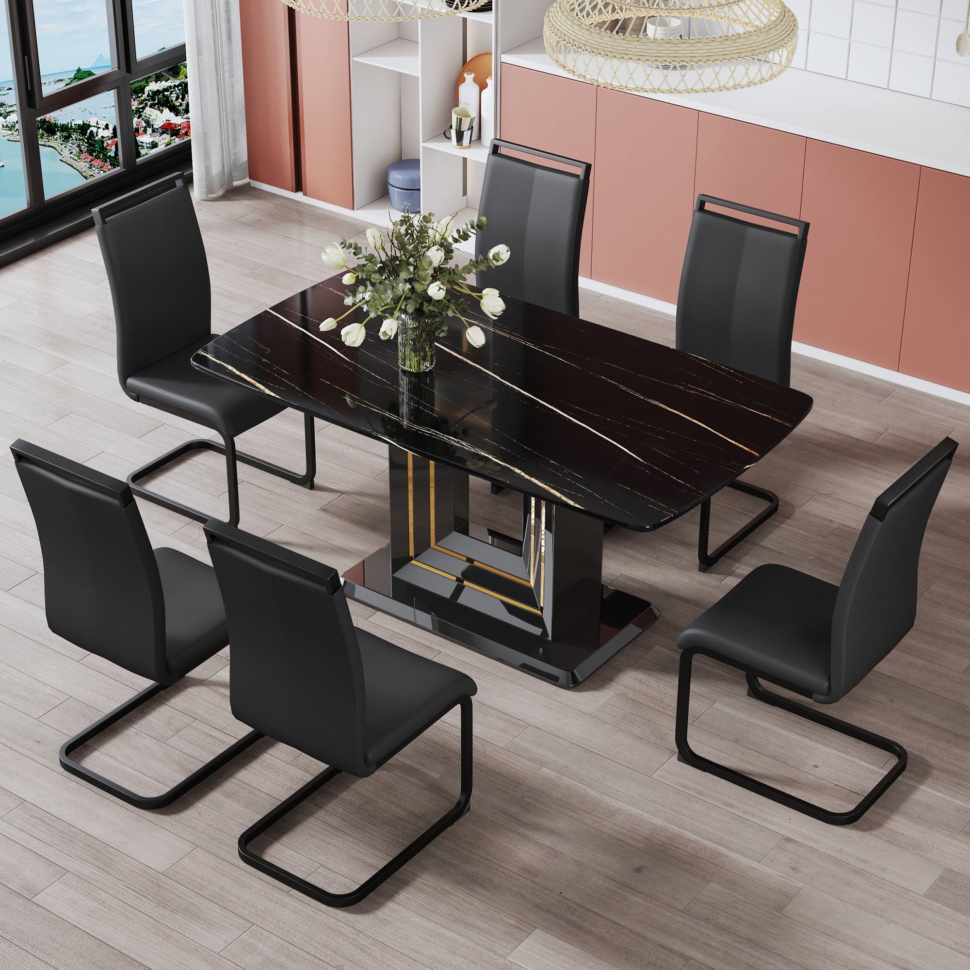 A table and six chairs. The table features a black imitation marble pattern tabletop and black gold MDF legs. The chair has a black PU backrest cushion and black metal legs. F-SQ  C-1162