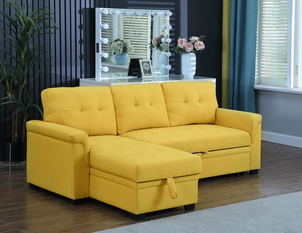 Lucca Yellow Linen Reversible Sleeper Sectional Sofa with Storage Chaise