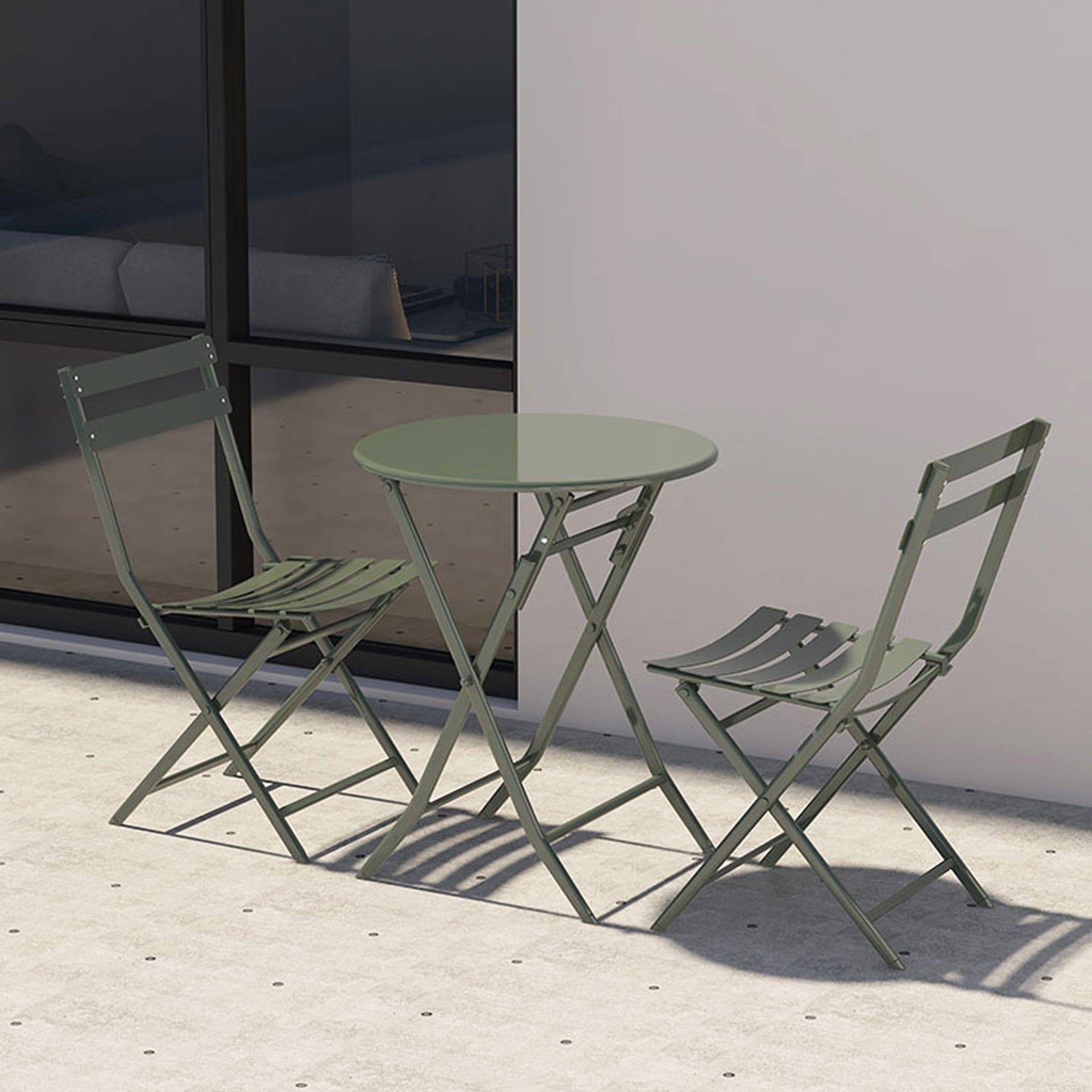 3 Piece Patio Bistro Set of Foldable Round Table and Chairs, Dark Green