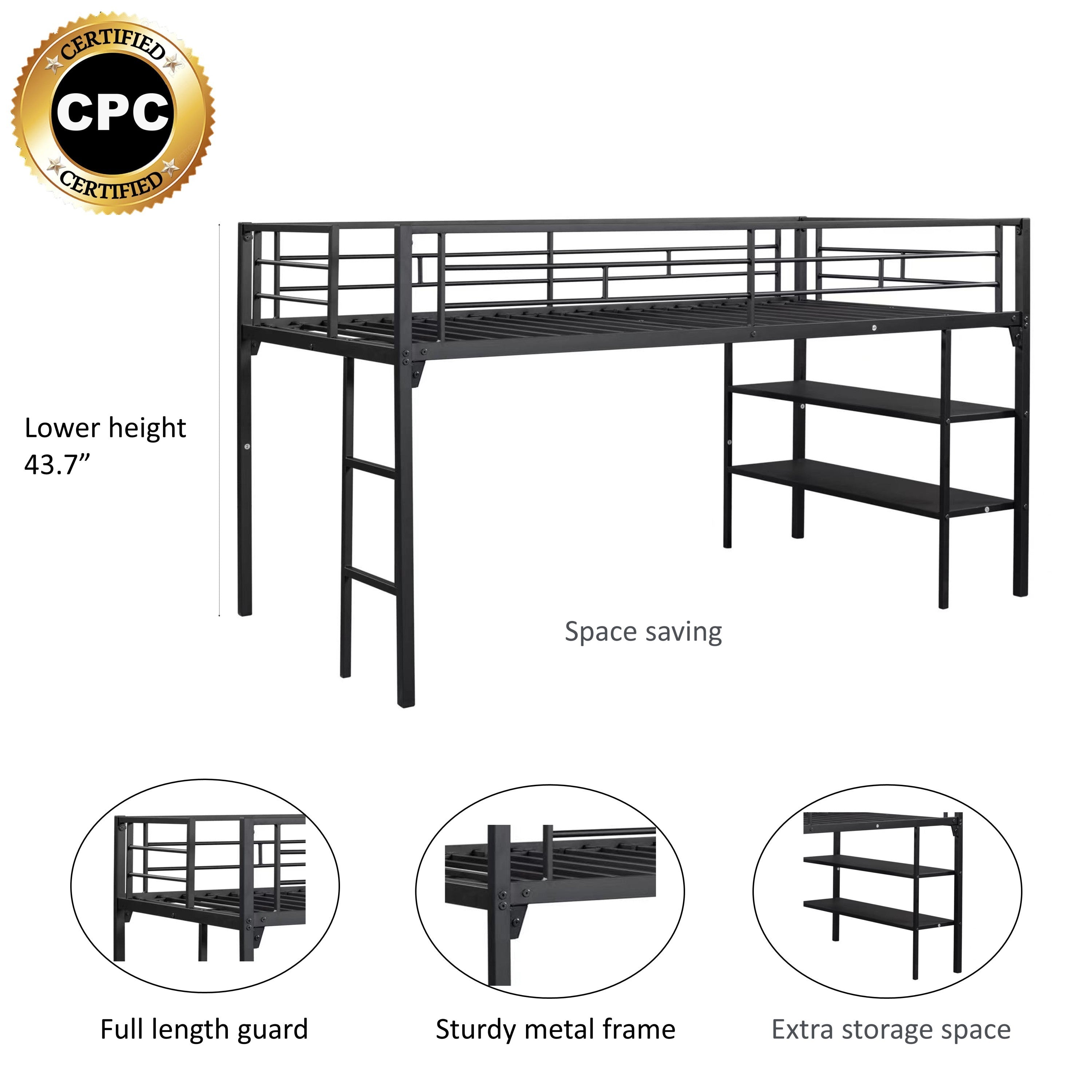 Low Loft bed with storage shelves