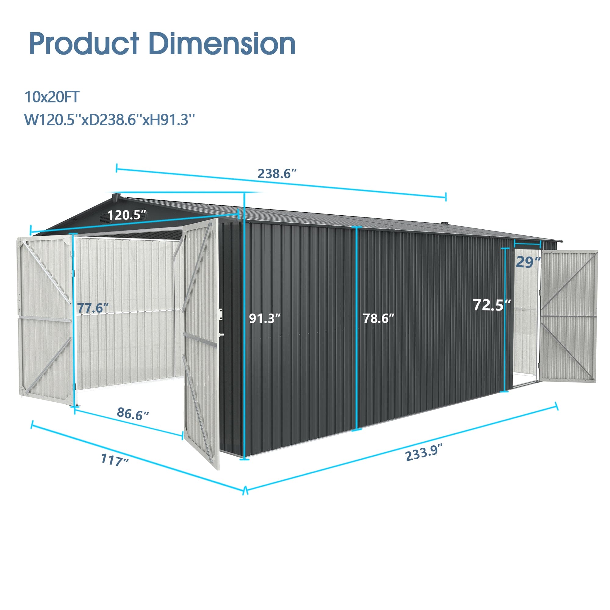 Chery Industrial Heavy-Duty Metal Garage Shed 20'x10'