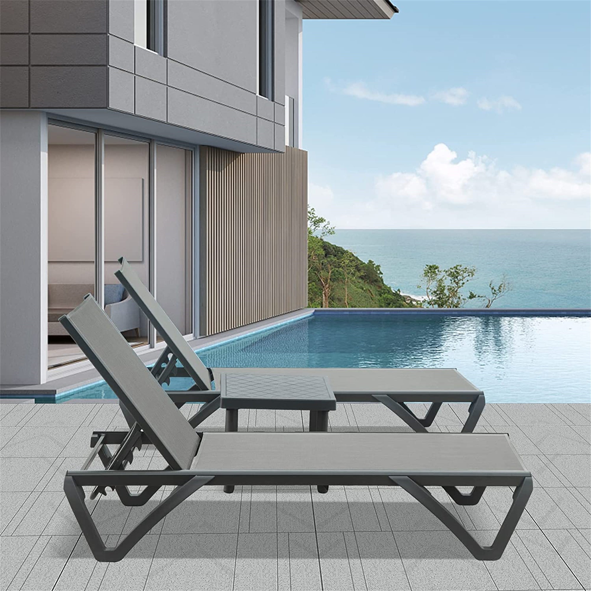 Patio Chaise Lounge Chair Set of 3,Outdoor Aluminum Polypropylene Sunbathing Chair with 5 Adjustable Position,Side Table for Beach,Yard,Balcony,Poolside(Grey,2 Lounge Chair+1 Table)